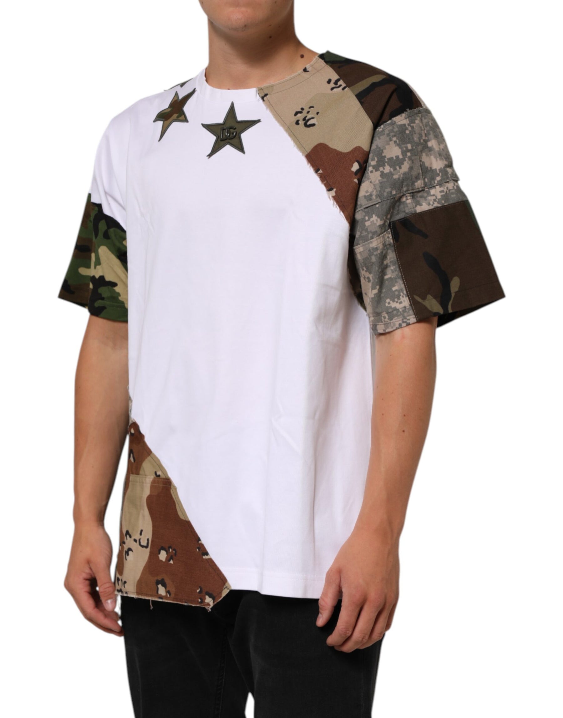 Dolce & Gabbana White Camouflage Patckwork Men Cotton T-shirt | Regal Royce