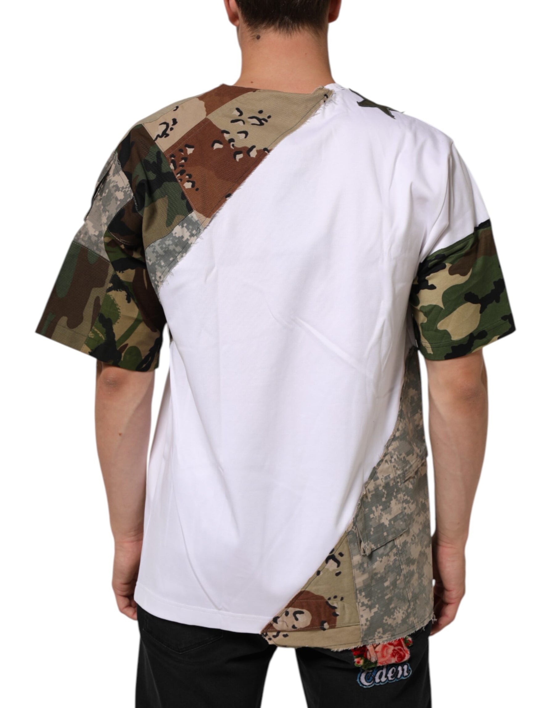 Dolce & Gabbana White Camouflage Patckwork Men Cotton T-shirt | Regal Royce
