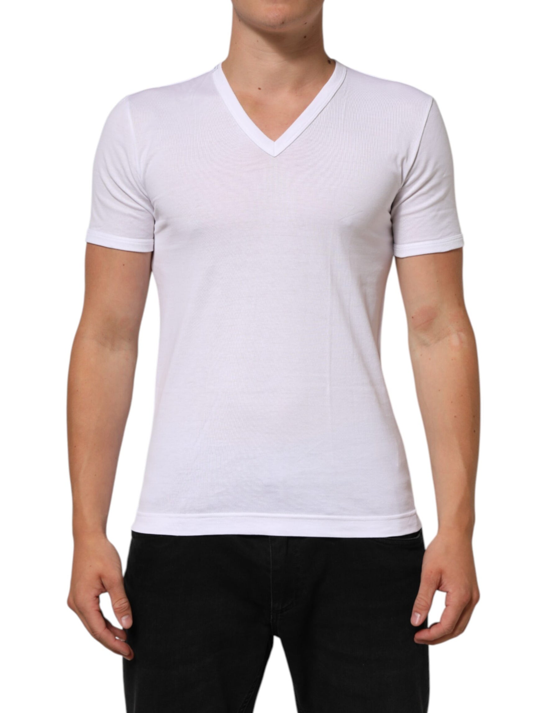 Dolce & Gabbana White Cotton V-Neck Short Sleeves T-shirt | Regal Royce