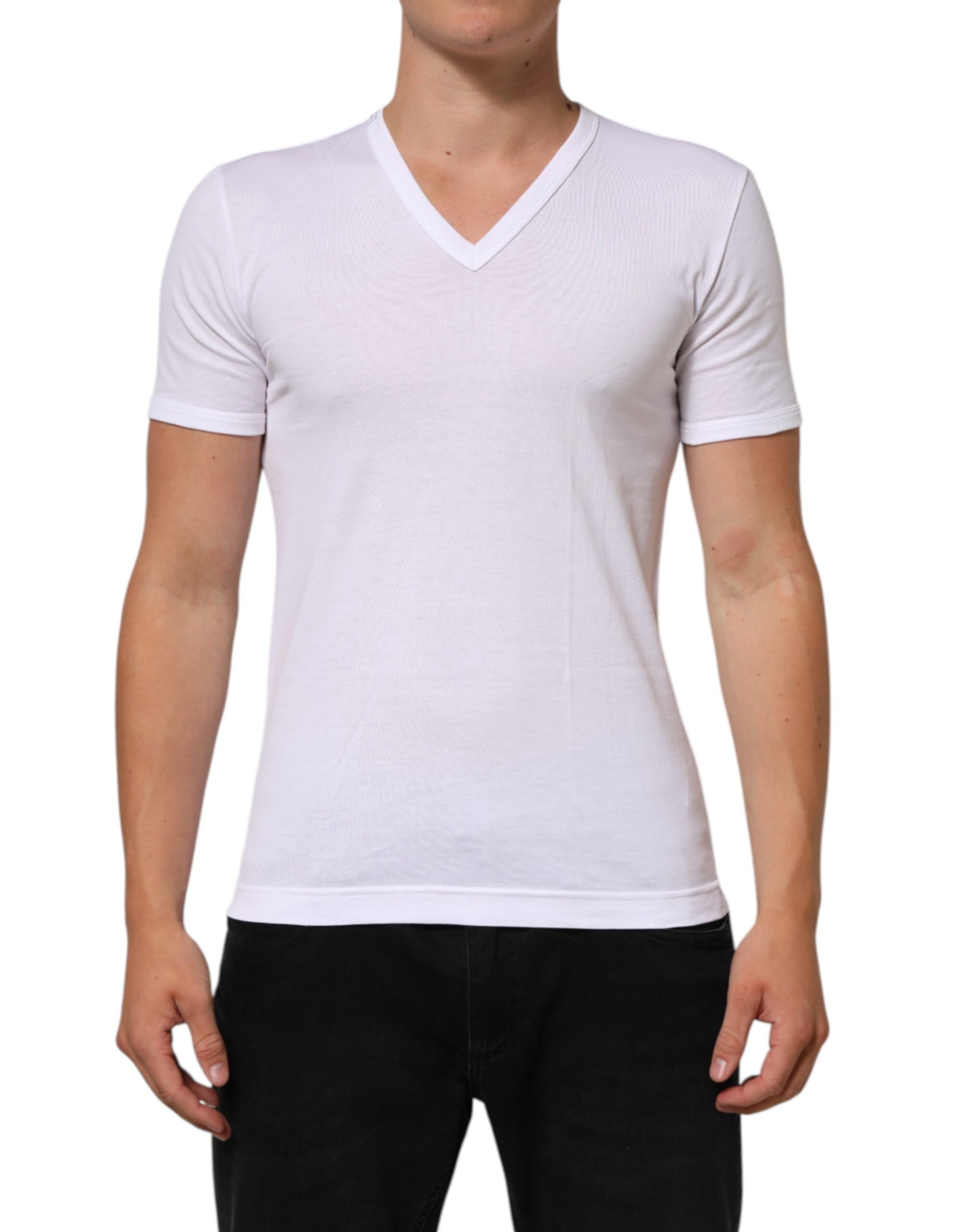 Dolce & Gabbana White Cotton V-Neck Short Sleeves T-shirt | Regal Royce