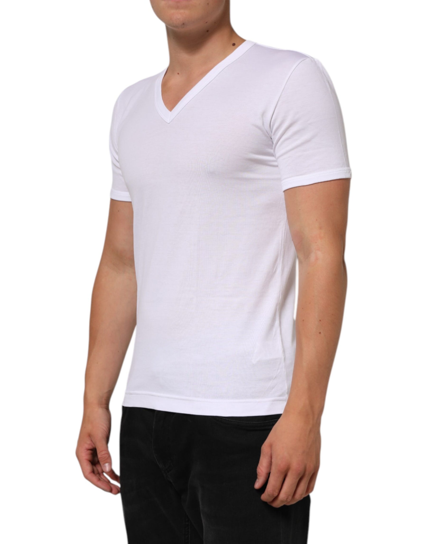 Dolce & Gabbana White Cotton V-Neck Short Sleeves T-shirt | Regal Royce