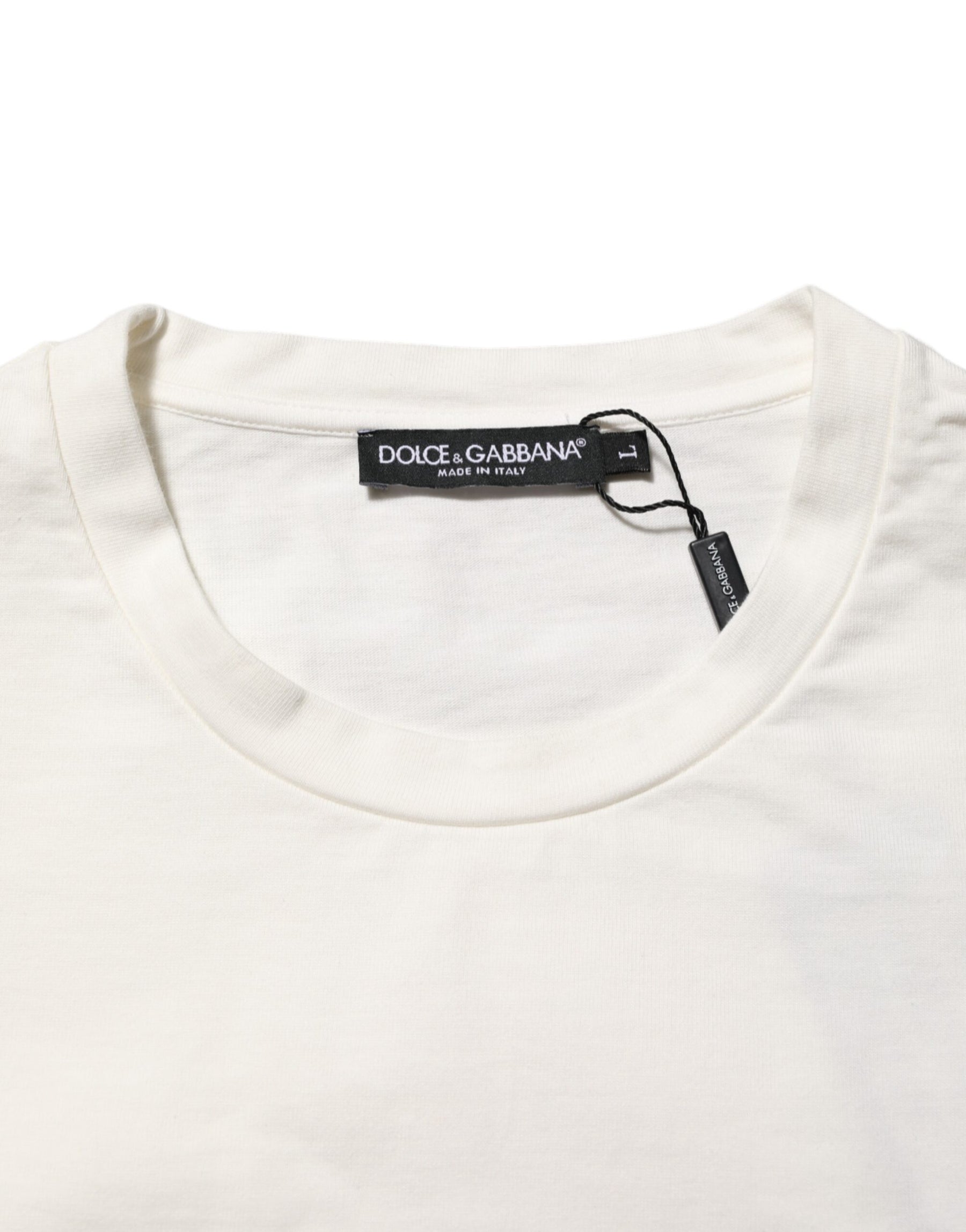 Dolce & Gabbana White Logo Print Cotton Crew Neck Men T-shirt | Regal Royce