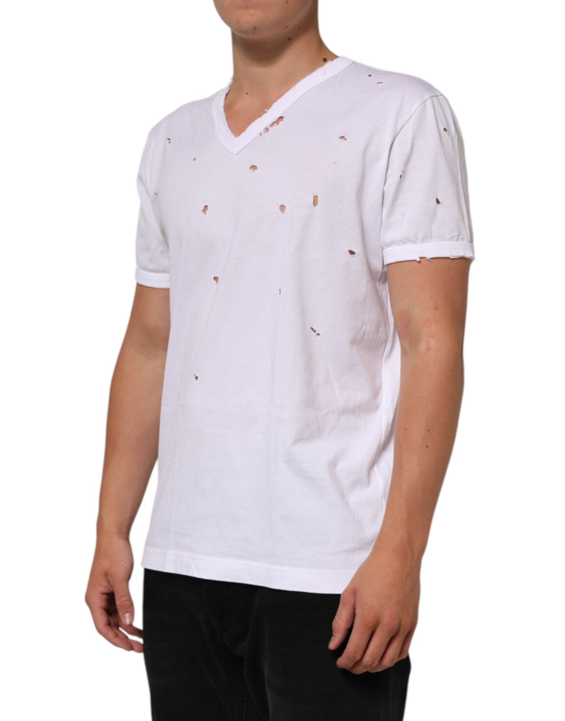 Dolce & Gabbana White Distressed Cotton V Neck Men T-shirt | Regal Royce