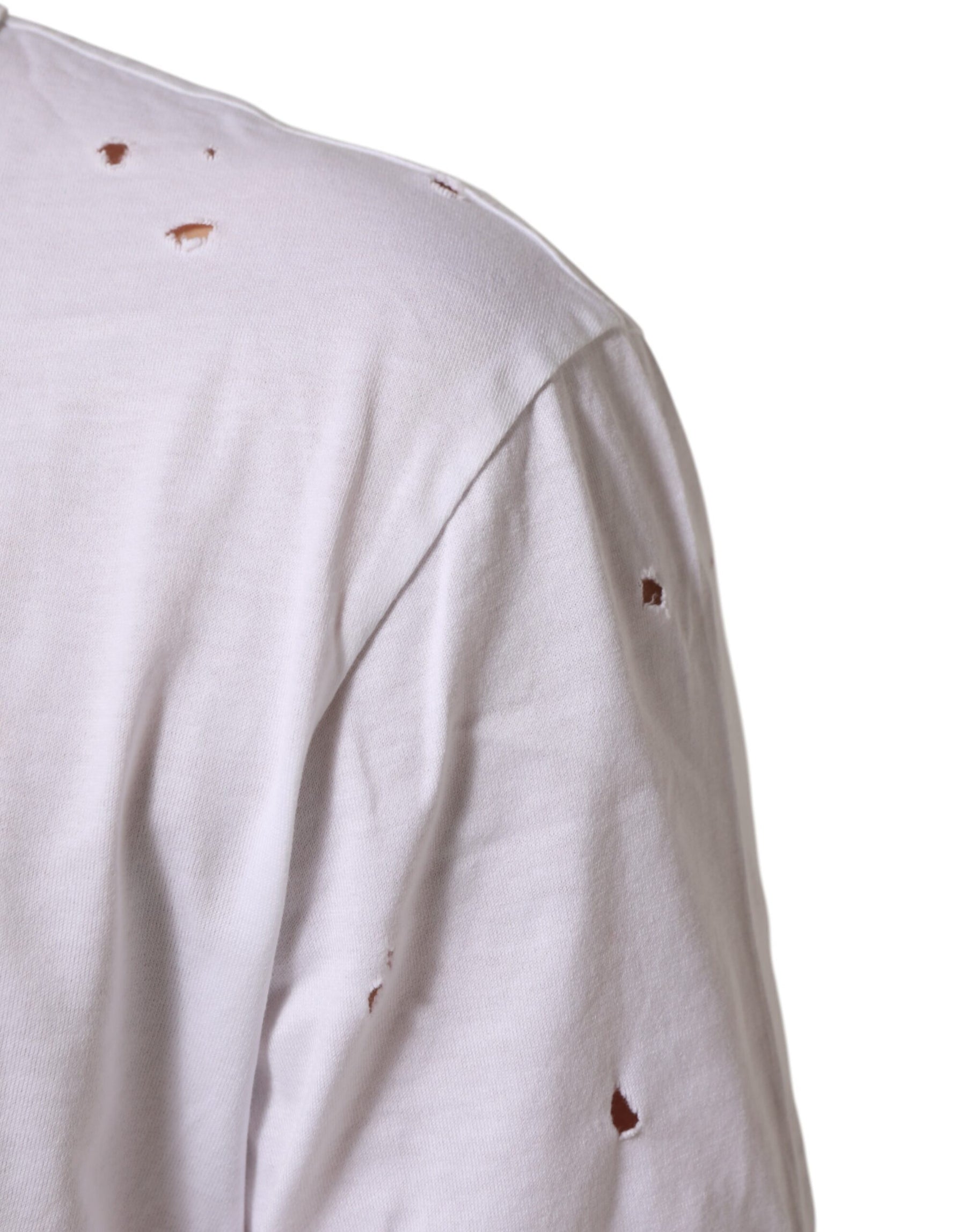 Dolce & Gabbana White Distressed Cotton V Neck Men T-shirt | Regal Royce