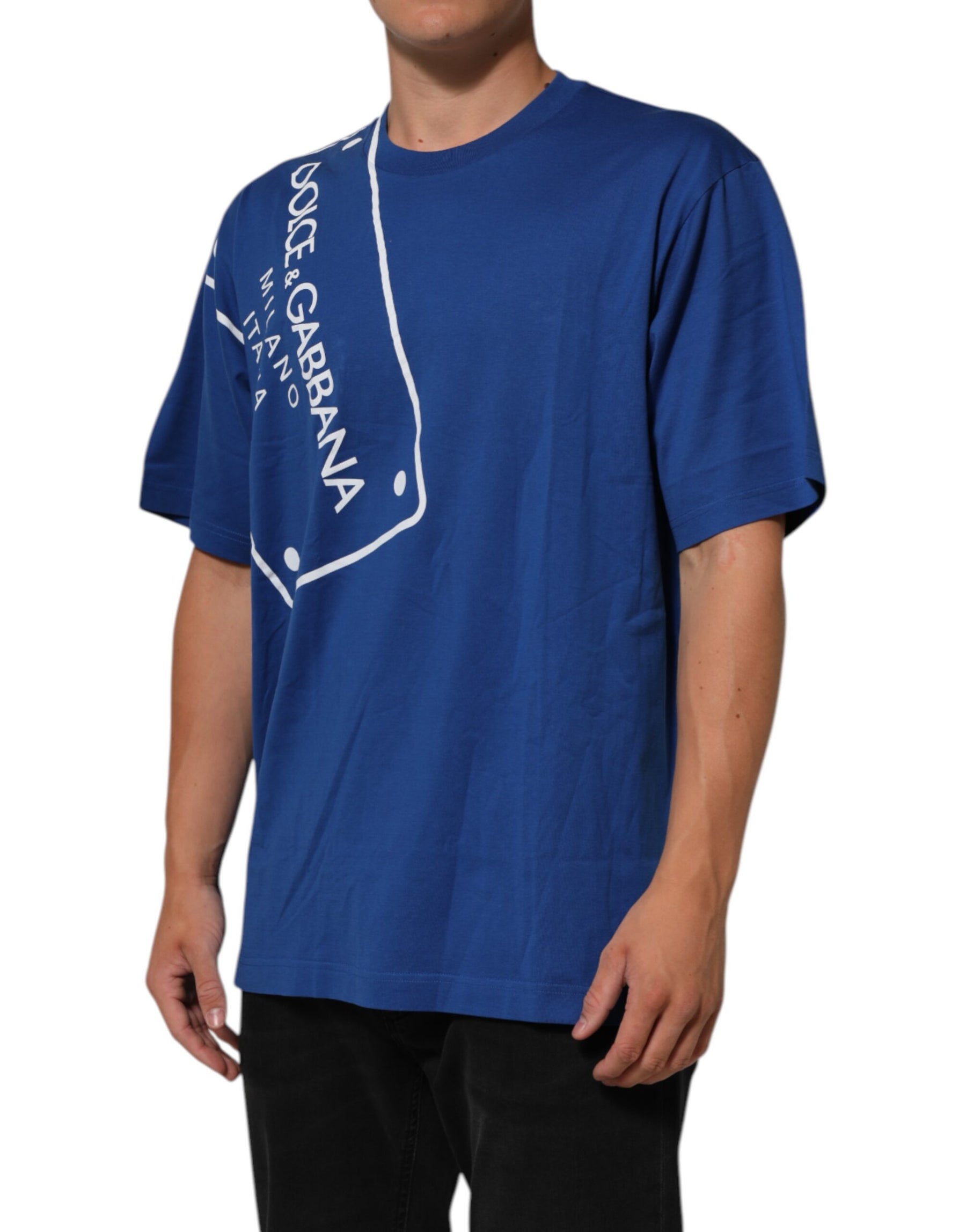 Dolce & Gabbana Blue Logo Print Cotton Crew Neck Men T-shirt | Regal Royce