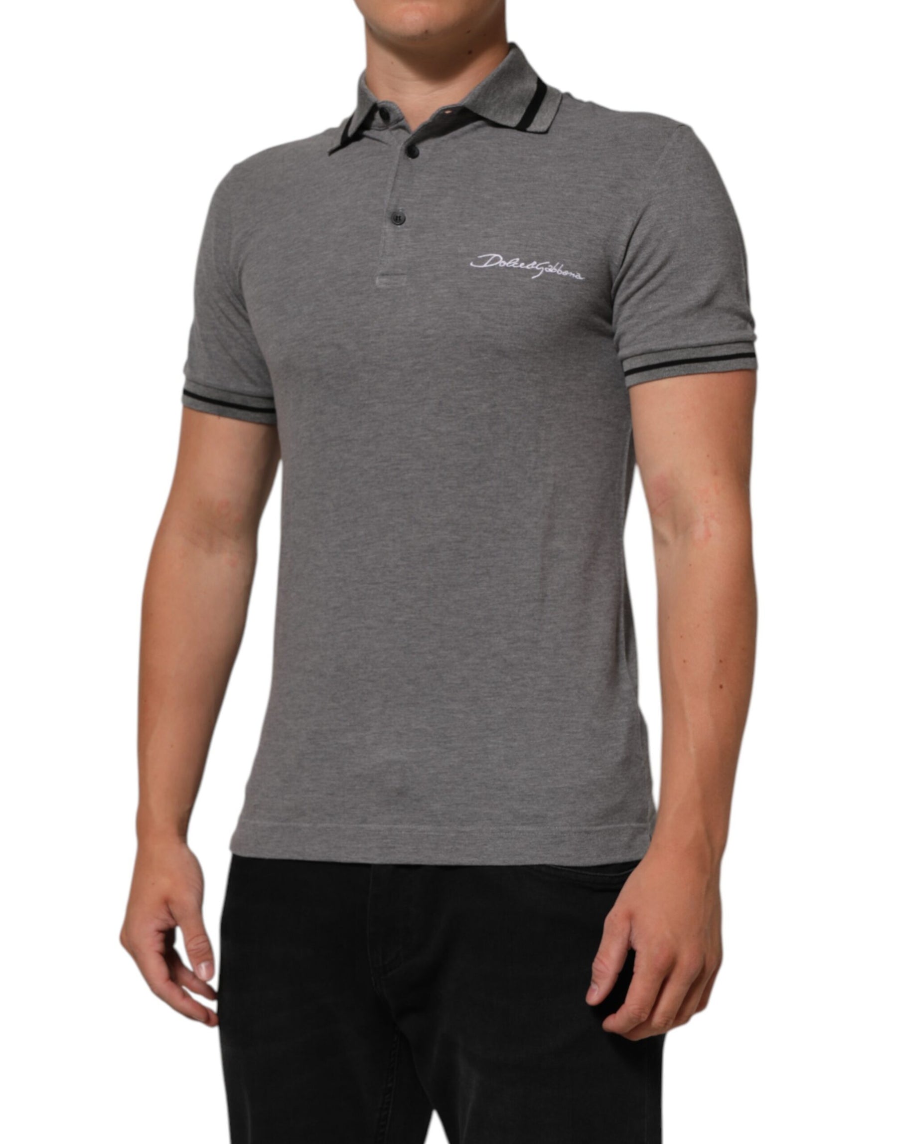 Dolce & Gabbana Gray Logo Embroidery Collared Polo T-shirt | Regal Royce