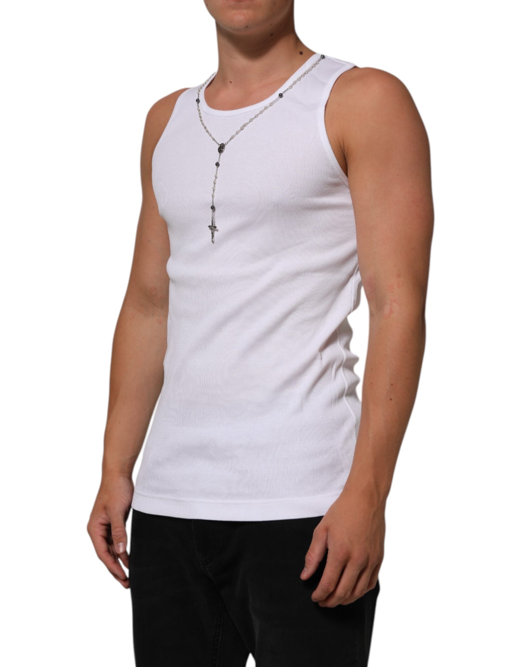 Dolce & Gabbana White Cotton Chain Necklace Tank Top T-shirt | Regal Royce