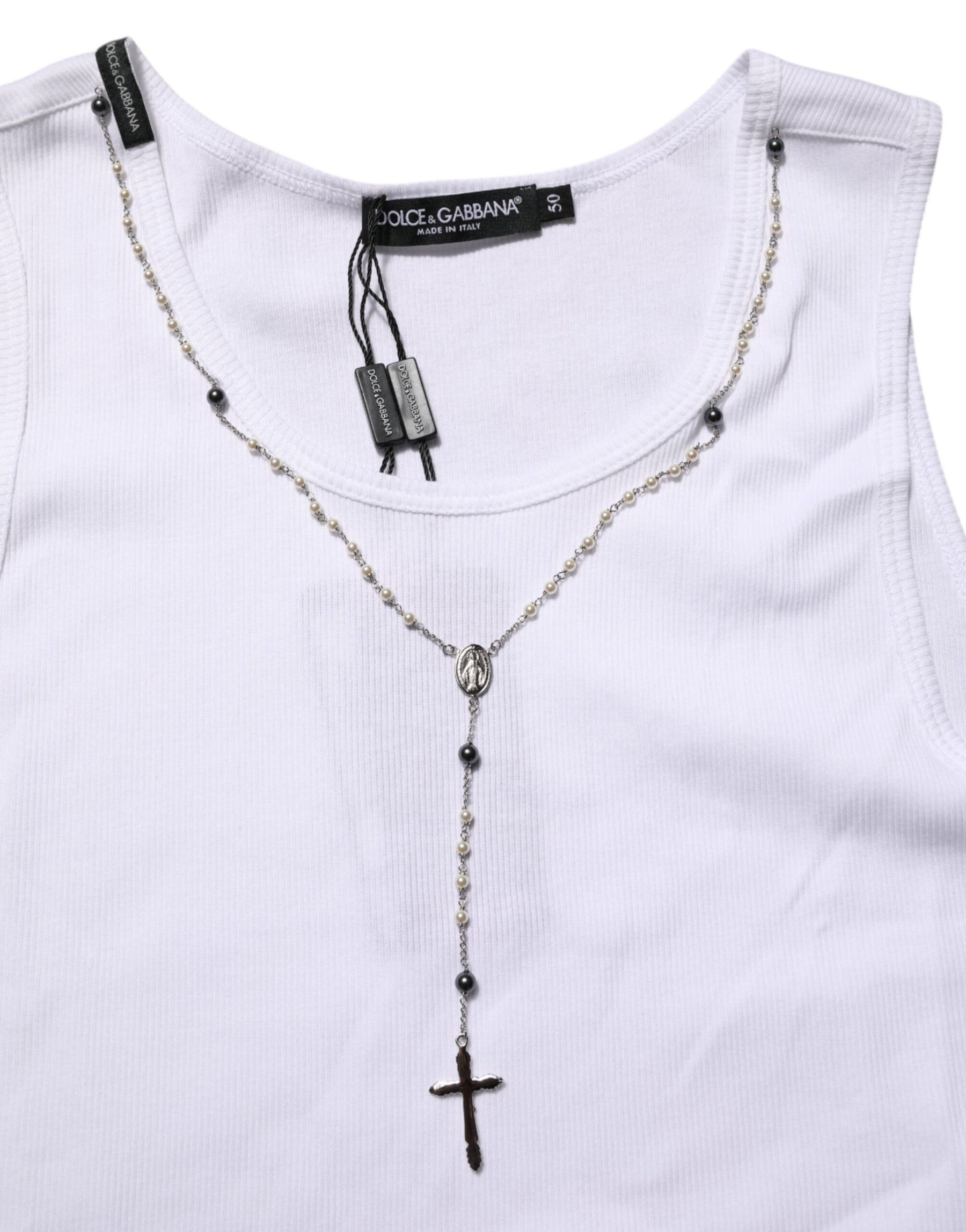 Dolce & Gabbana White Cotton Chain Necklace Tank Top T-shirt | Regal Royce