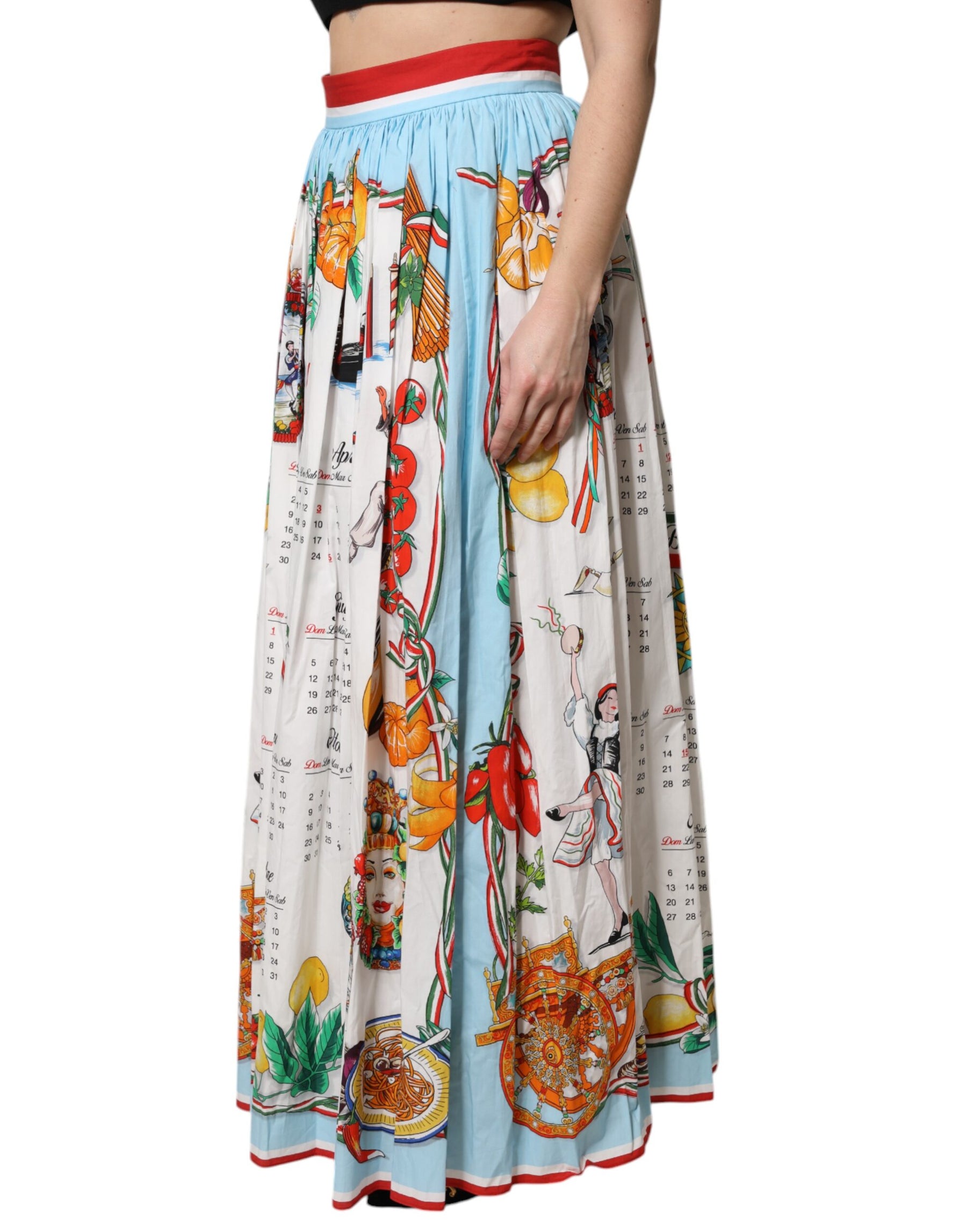 Dolce & Gabbana White Calendar Print Cotton Gathered Maxi Skirt | Regal Royce