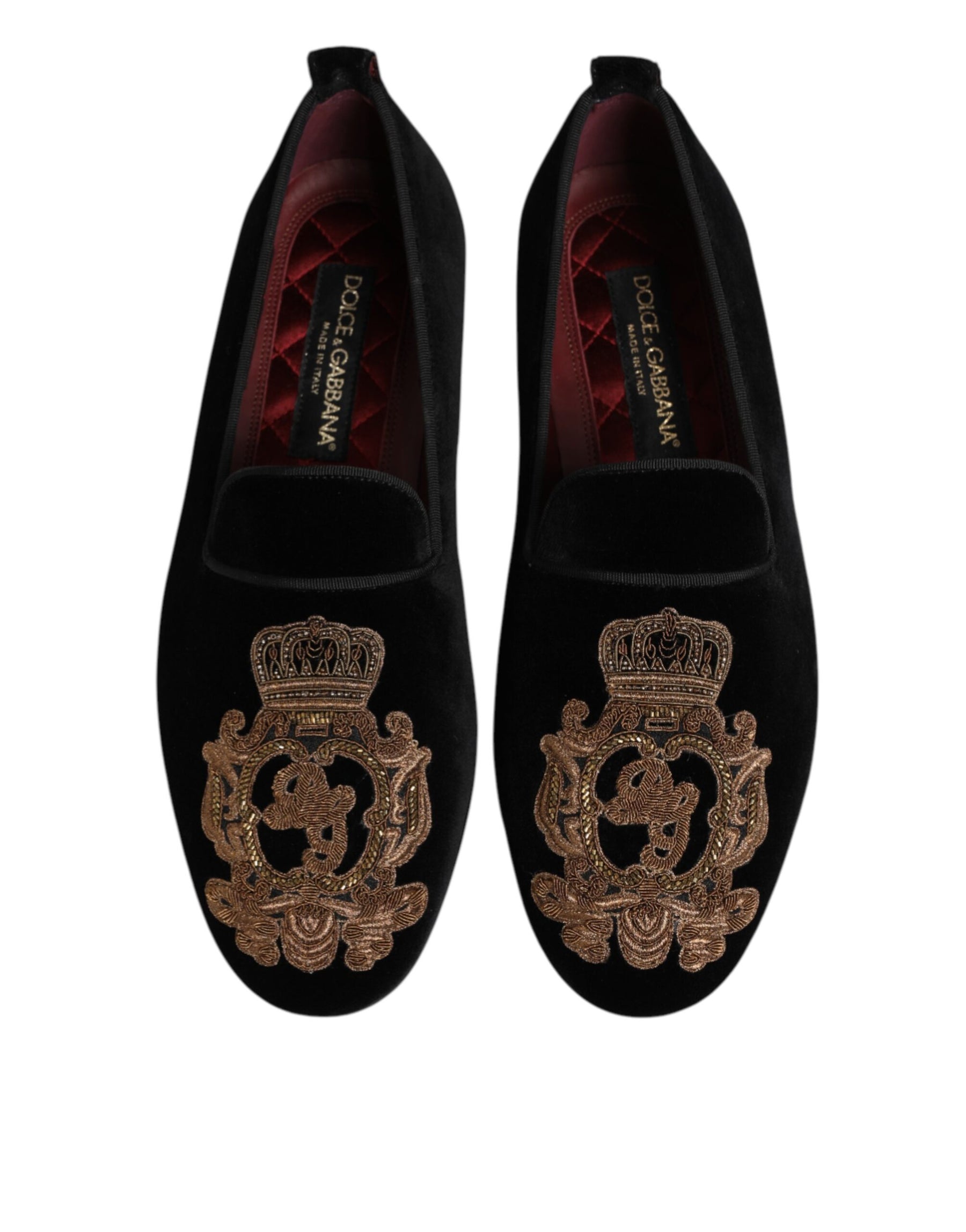 Dolce & Gabbana Black Velvet Gold Crown Mens Loafers Shoes | Regal Royce
