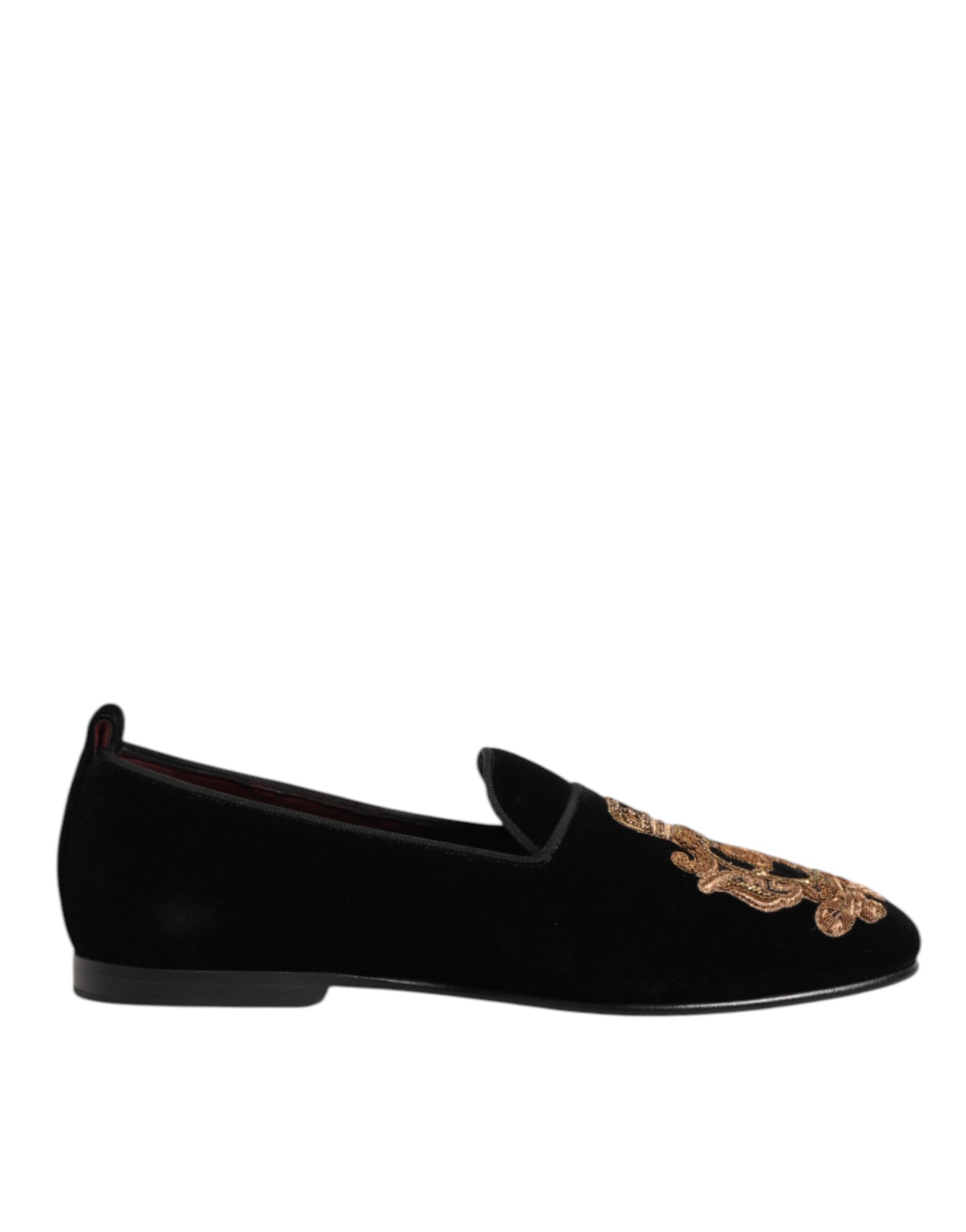 Dolce & Gabbana Black Velvet Gold Crown Mens Loafers Shoes | Regal Royce