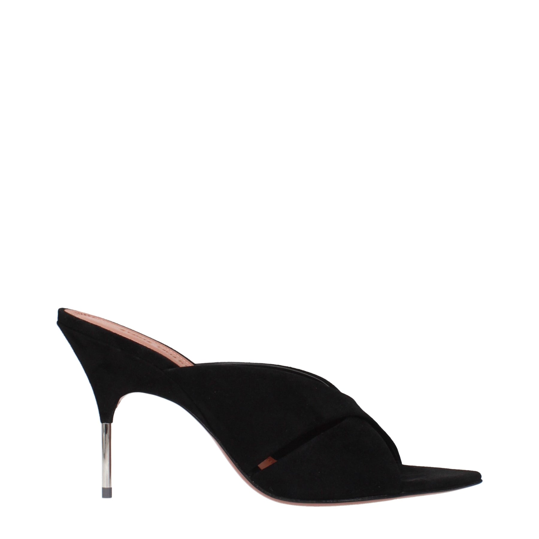 Amina Muaddi Black Leather Stiletto Heel Sandals | Regal Royce