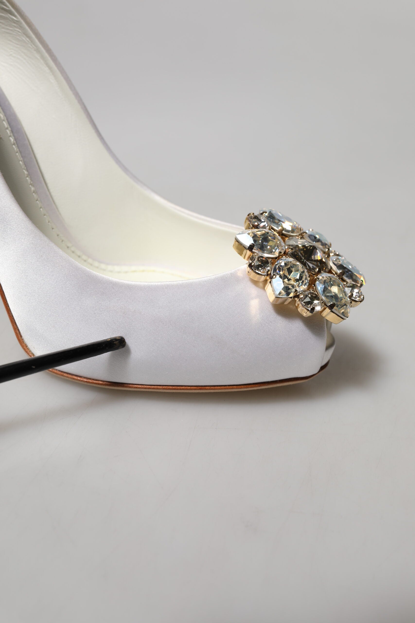 Dolce & Gabbana White Crystals Peep Toe Satin Pumps Shoes | Regal Royce