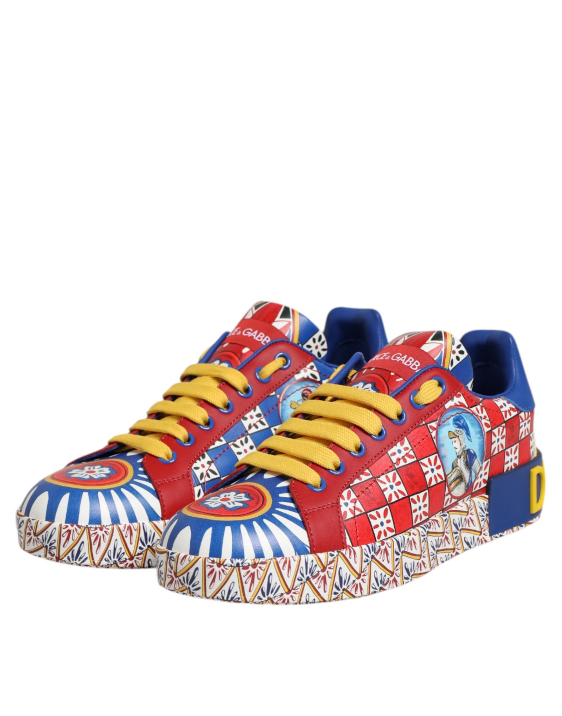 Dolce & Gabbana Portofino Carretto Printed Leather Sneakers Shoes | Regal Royce