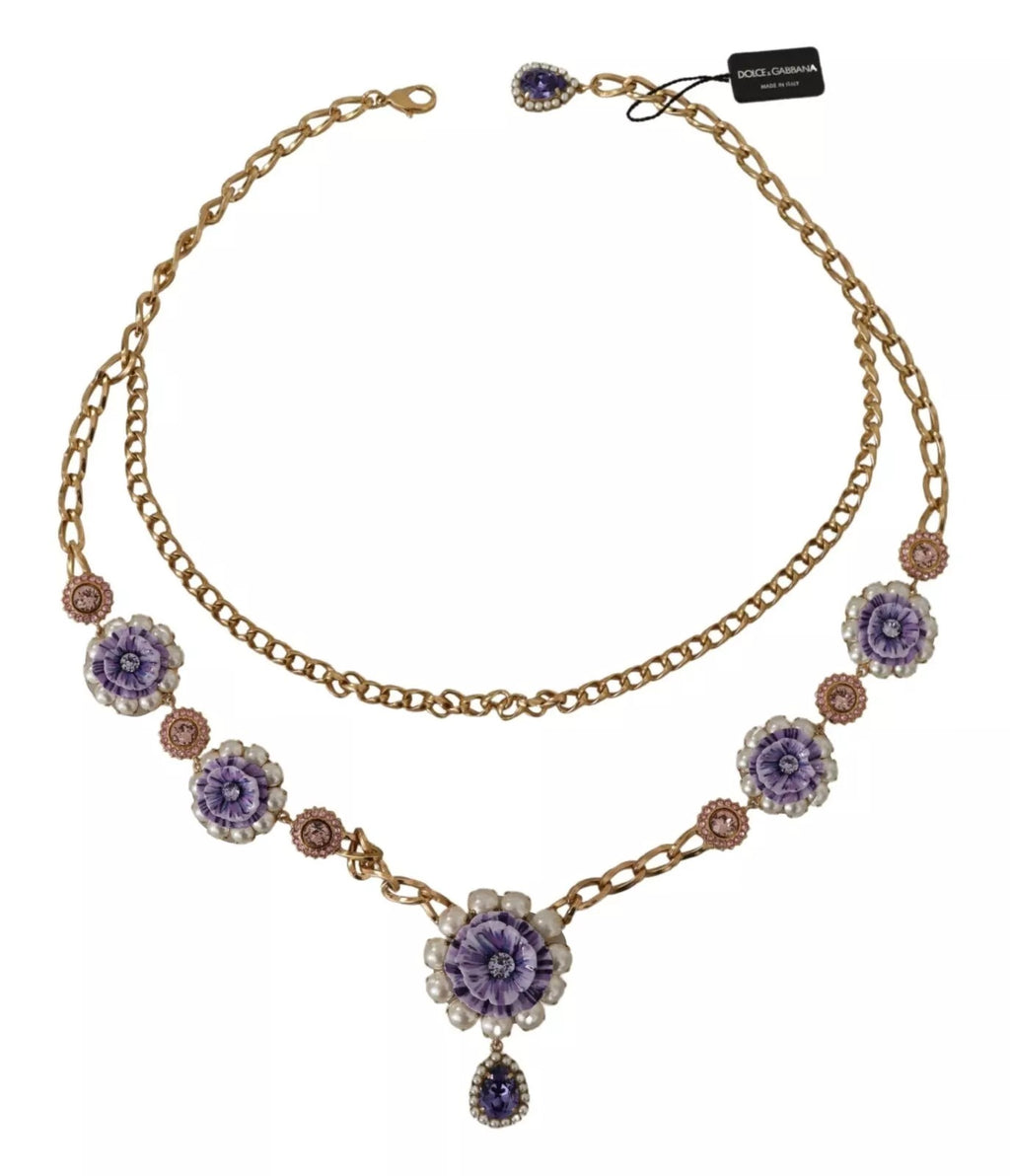 Dolce & Gabbana Gold Tone Floral Crystals Purple Embellished