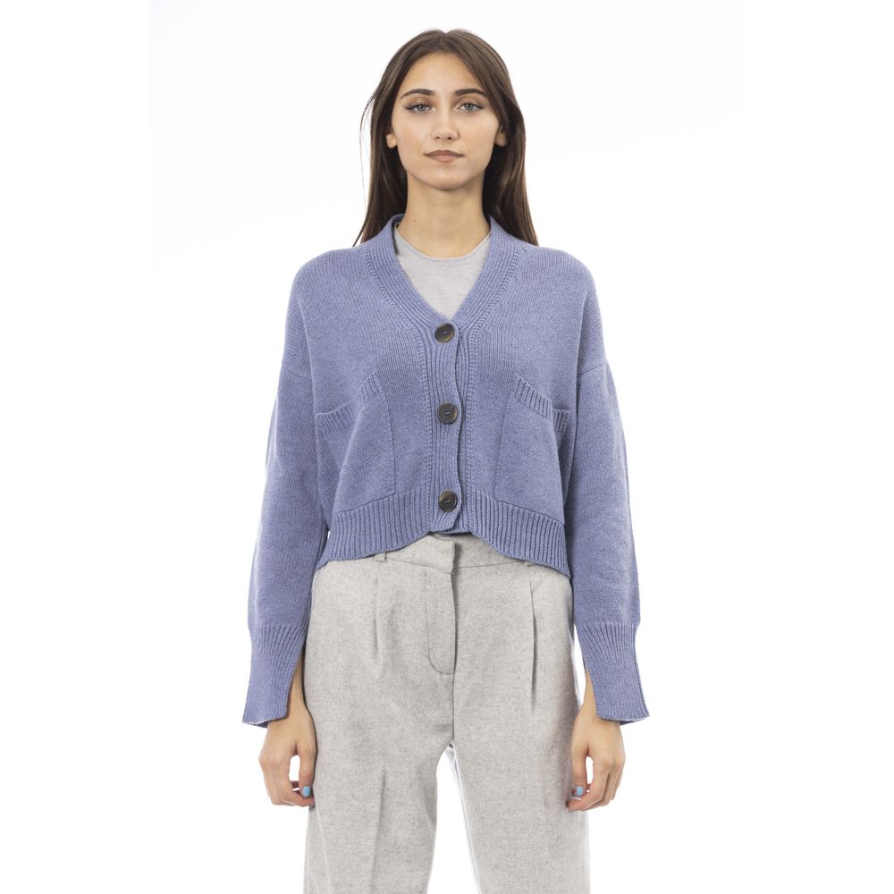 Alpha Studio Light Blue Merino Wool Women Cardigan | Regal Royce