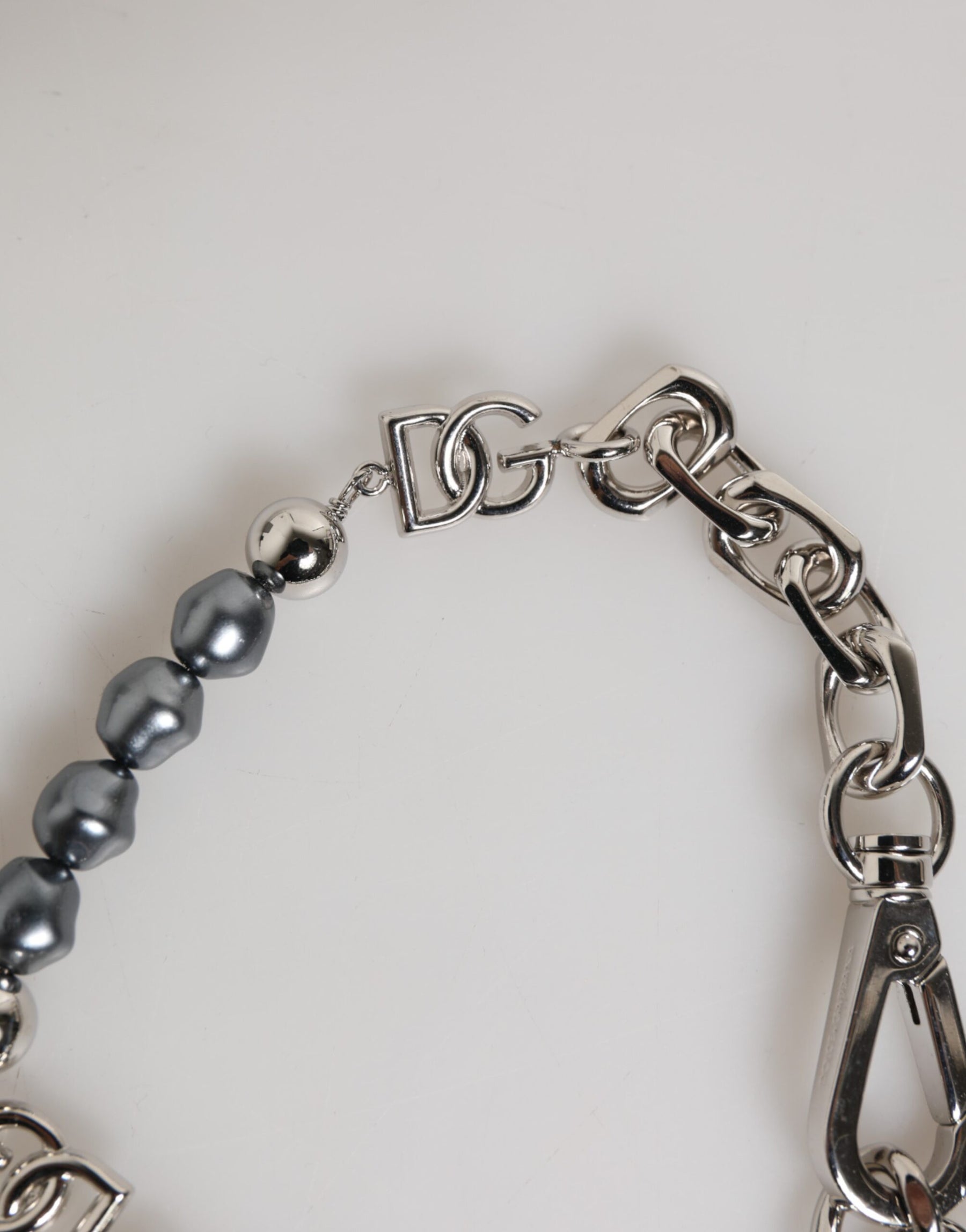 Dolce & Gabbana Silver Tone Chain Lobster Clasp Logo Gray Pearls Bracelet | Regal Royce