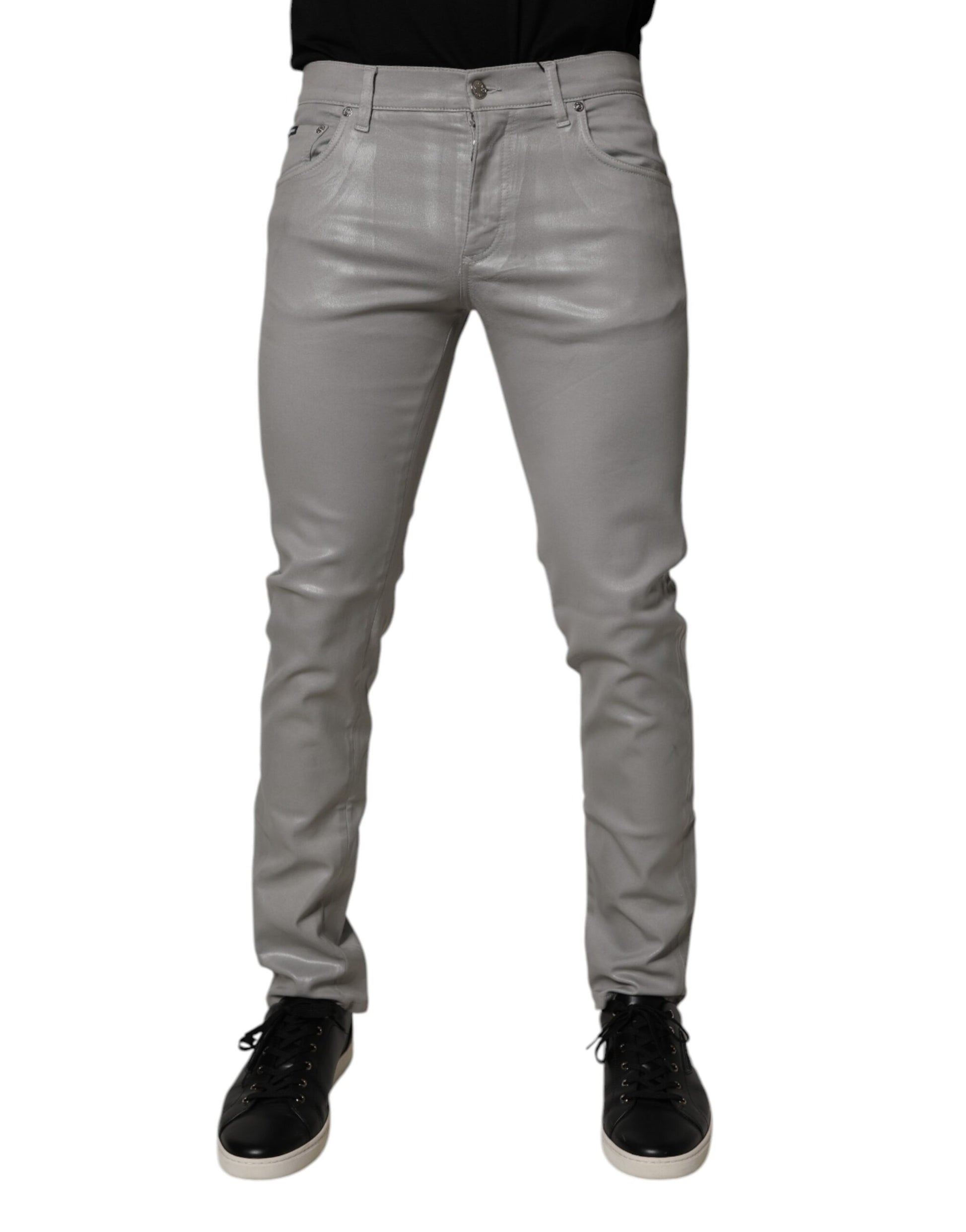 Dolce & Gabbana Gray Slim Fit Denim Cotton Metal Logo Jeans
