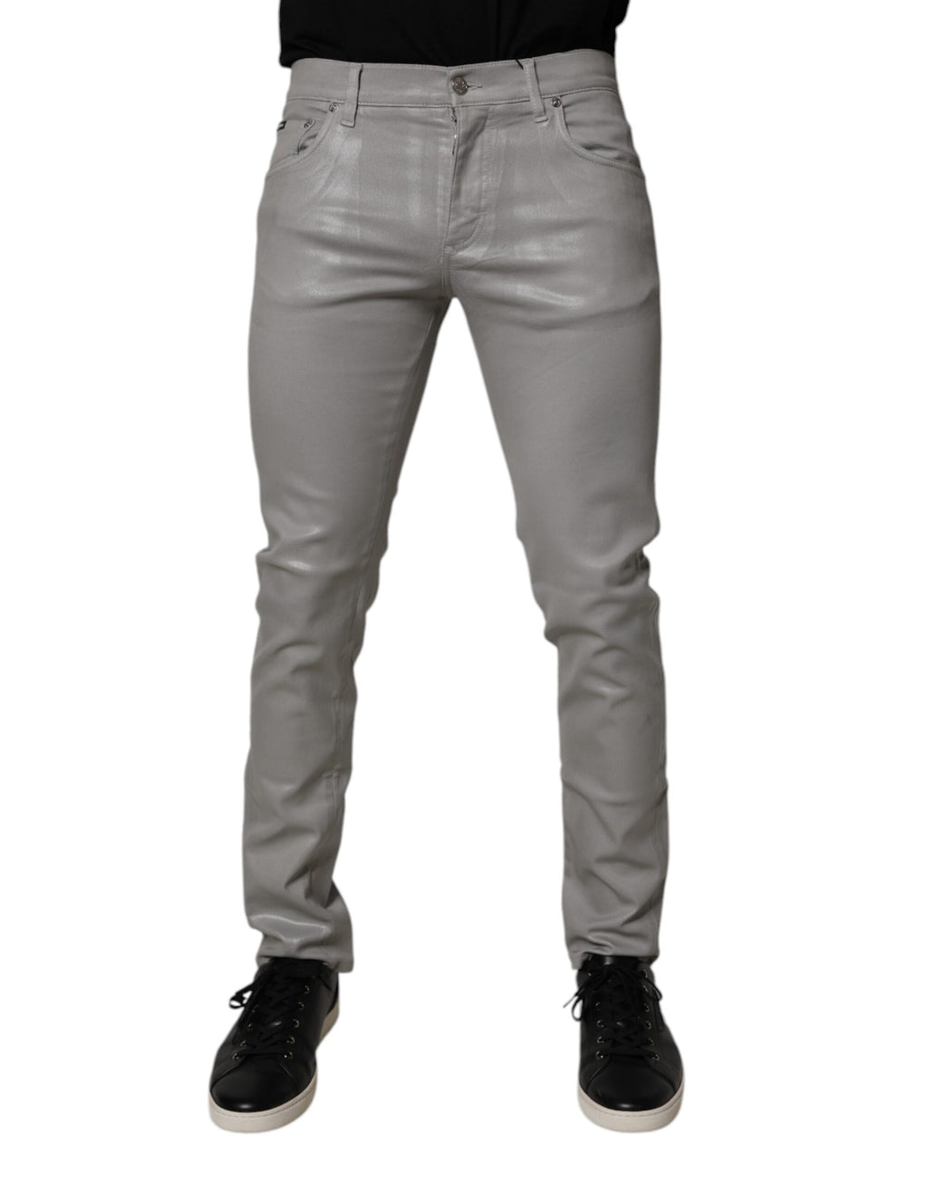 Dolce & Gabbana Gray Slim Fit Denim Cotton Metal Logo Jeans