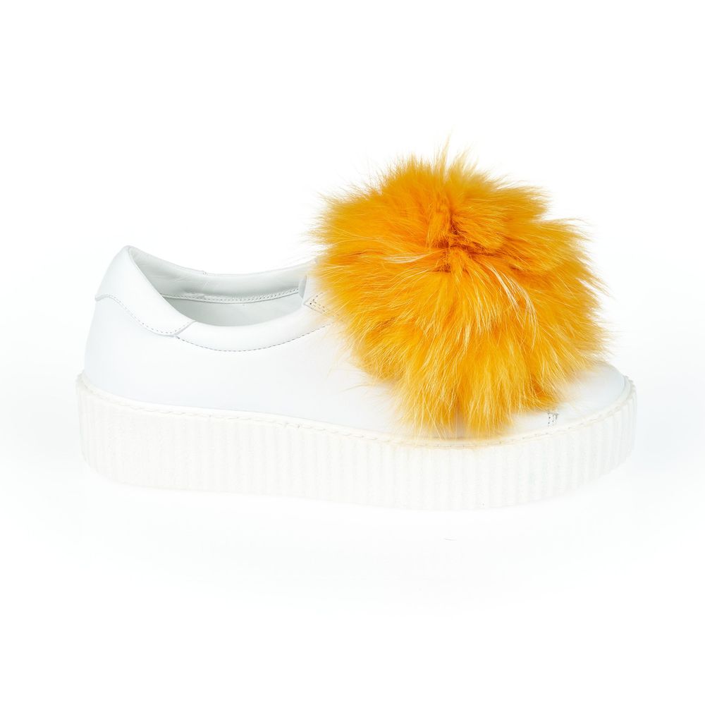 Mr&Mrs Italy White Textile Women Sneaker With Real Fur Pom Poms | Regal Royce