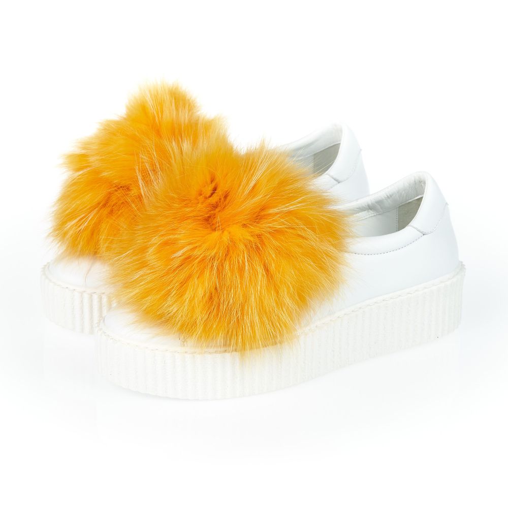 Mr&Mrs Italy White Textile Women Sneaker With Real Fur Pom Poms | Regal Royce
