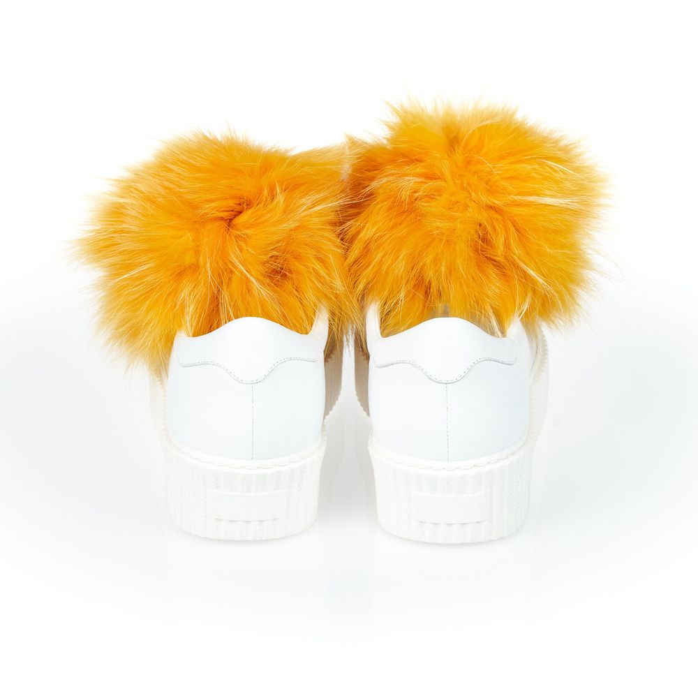 Mr&Mrs Italy White Textile Women Sneaker With Real Fur Pom Poms | Regal Royce