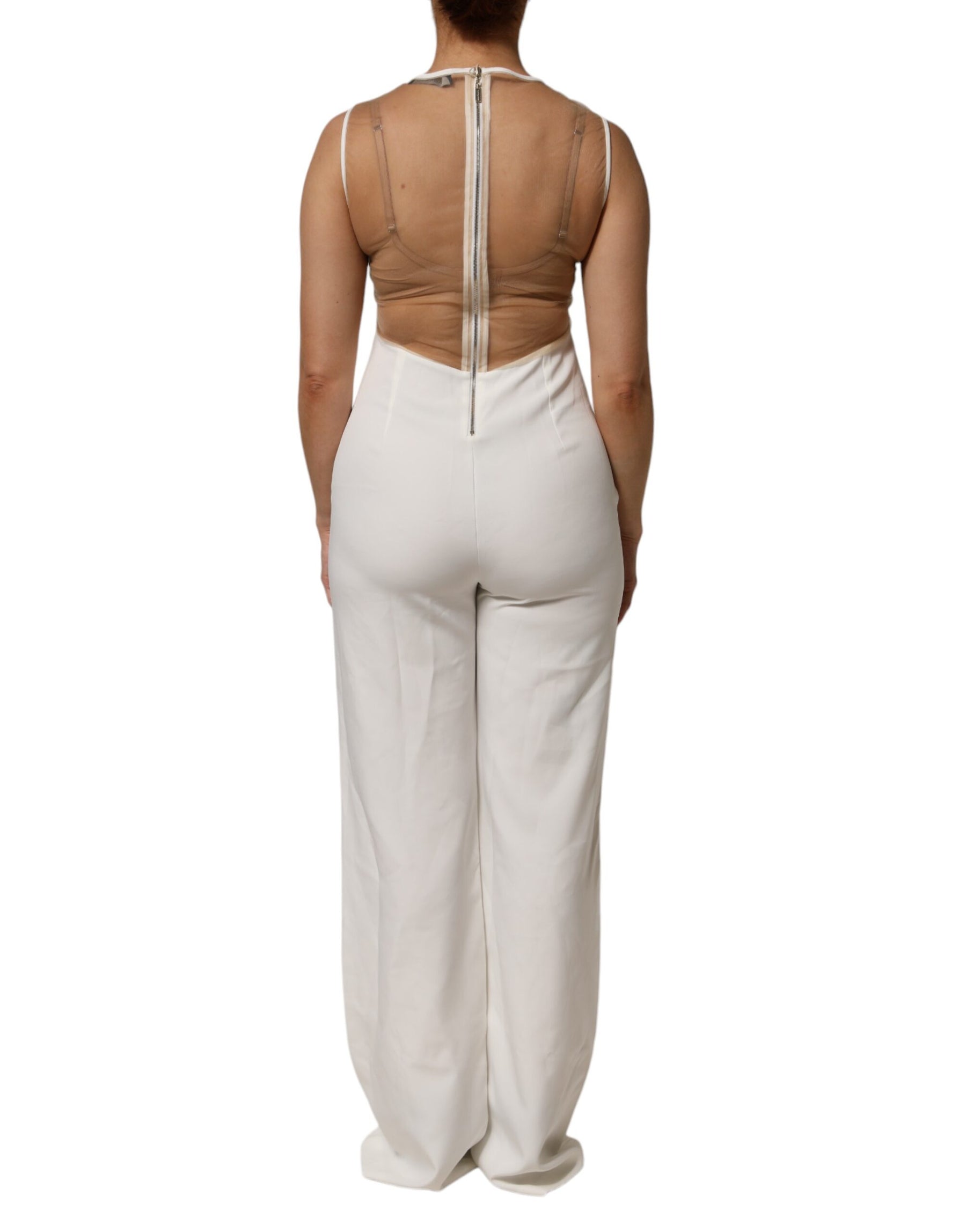 Mangano White Beige Mesh Crystal Embellished Sleeveless Jumpsuit | Regal Royce
