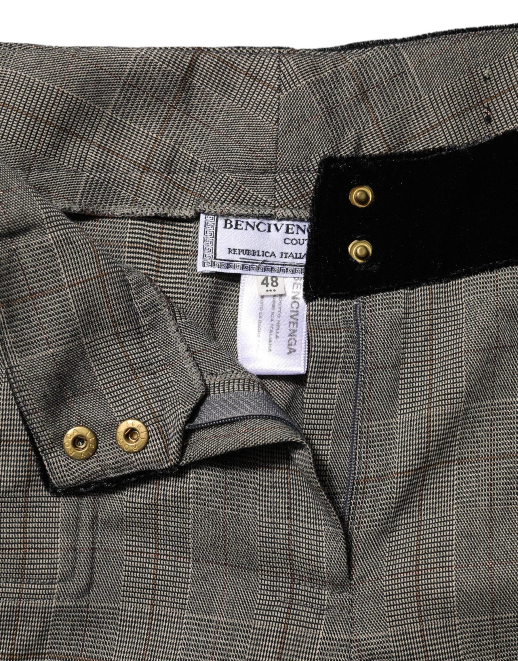 BENCIVENGA Gray Wool Blend Plaid Straight Leg Velvet Waist Pants | Regal Royce