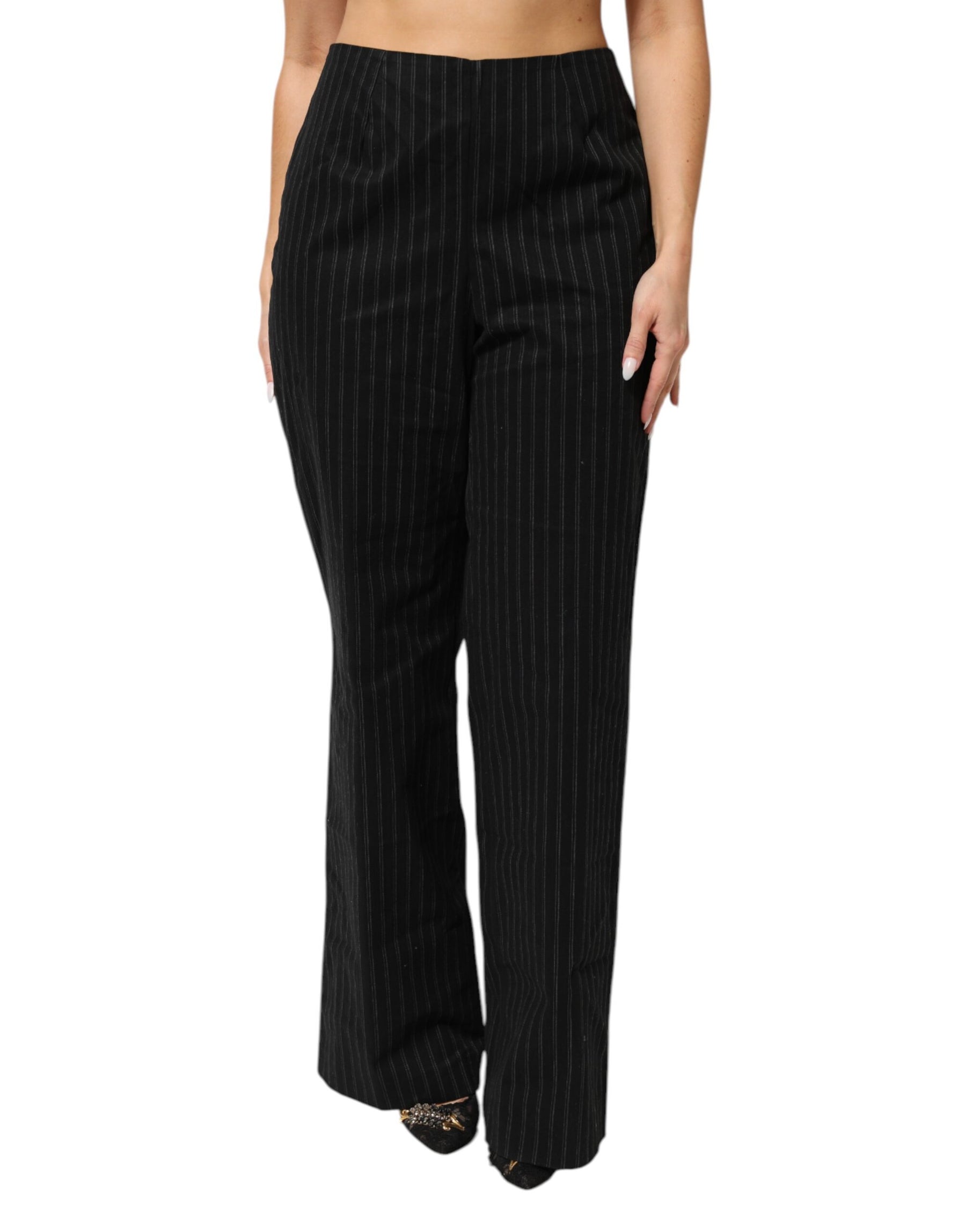 BENCIVENGA Black Wool Blend Pinstripe Straight Leg Pants | Regal Royce