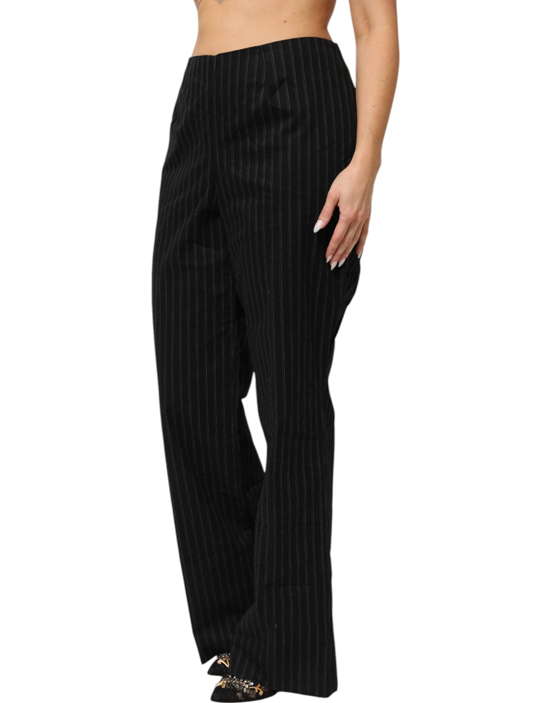BENCIVENGA Black Wool Blend Pinstripe Straight Leg Pants | Regal Royce