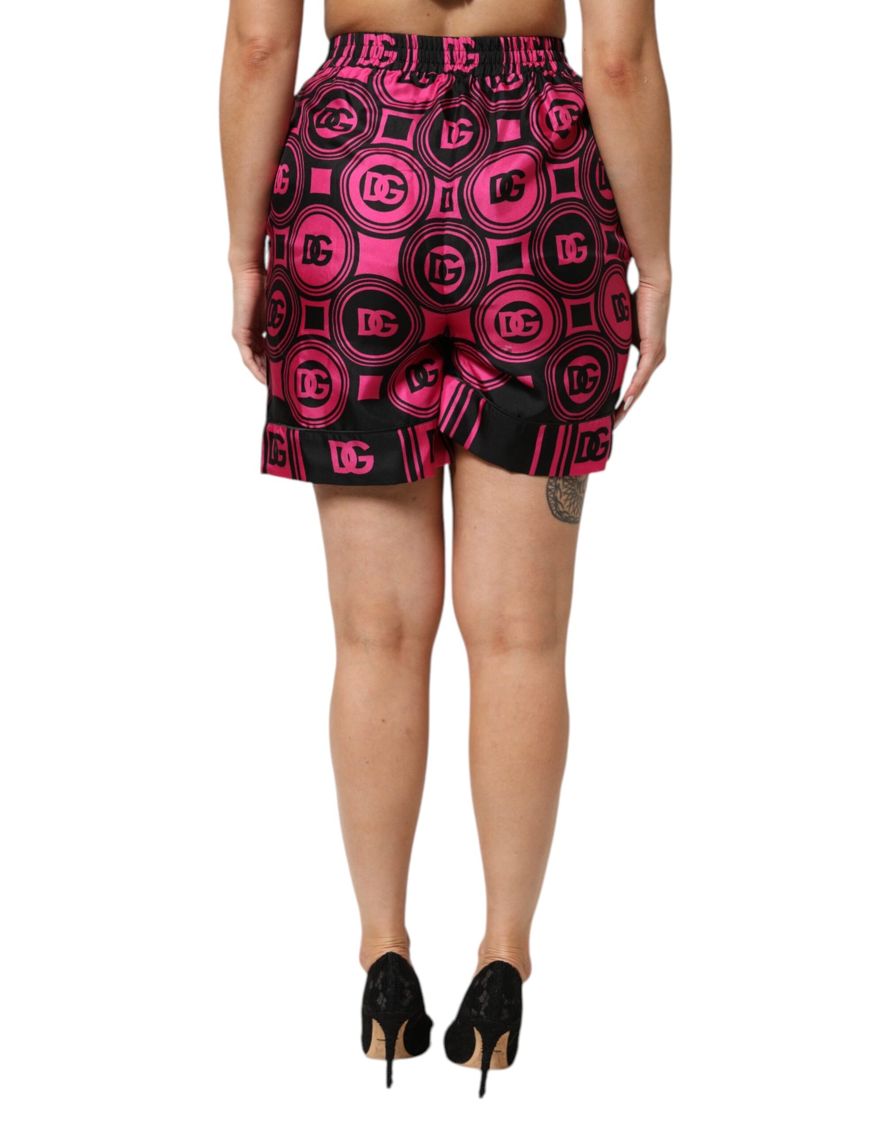 Dolce & Gabbana Pink Black Silk Logo Print DG Pattern Shorts | Regal Royce