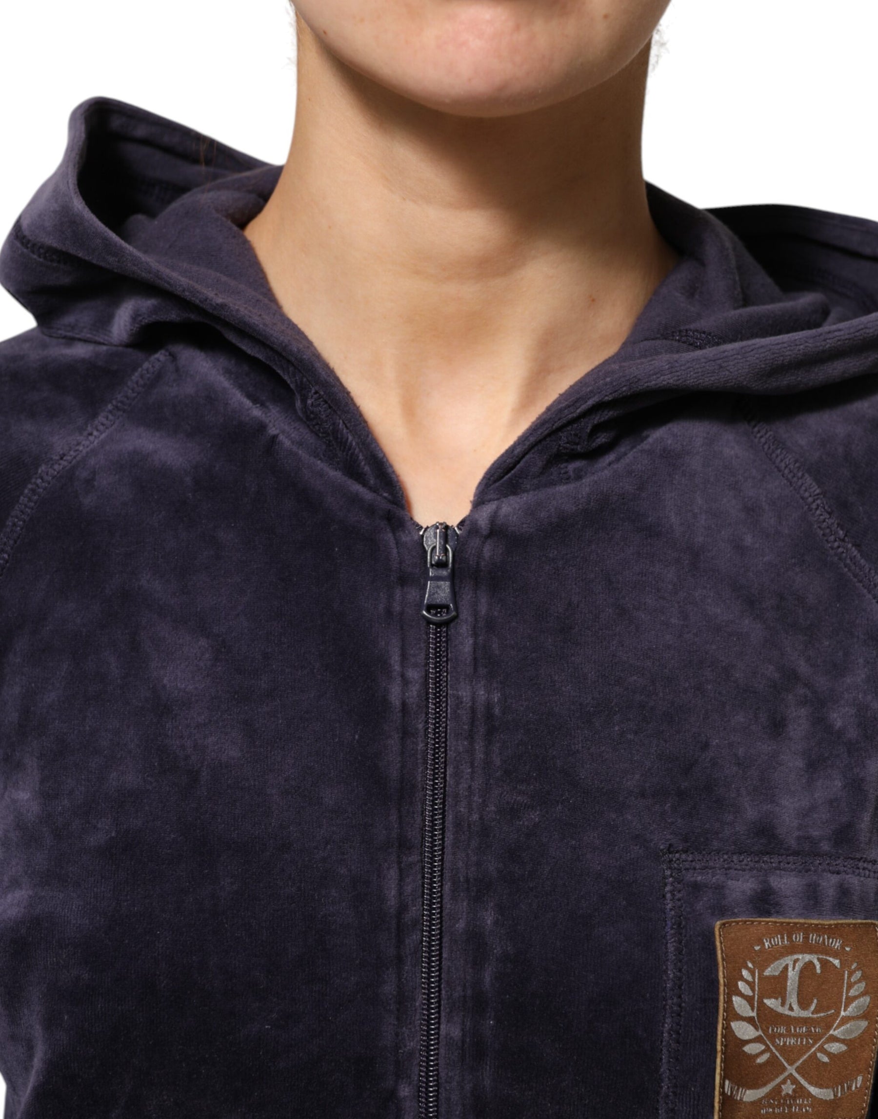 Cavalli Class Purple Cotton Blend Velvet Zip-Up Hoodie Sweatshirt Sweater | Regal Royce