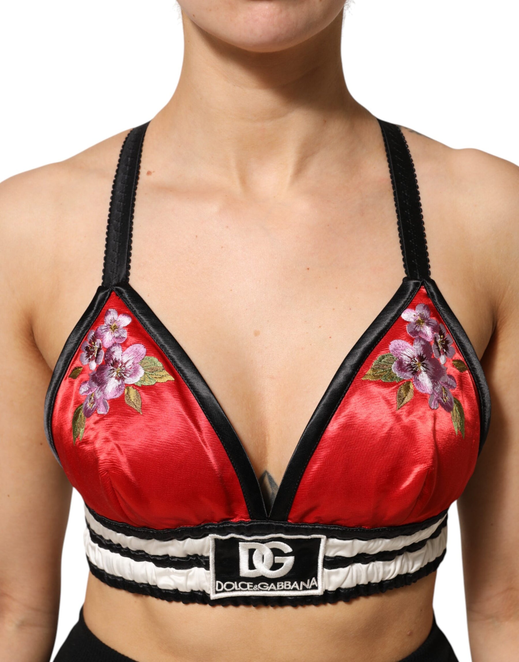 Dolce & Gabbana Red Satin Floral Embroidered Bralette Crop Top | Regal Royce
