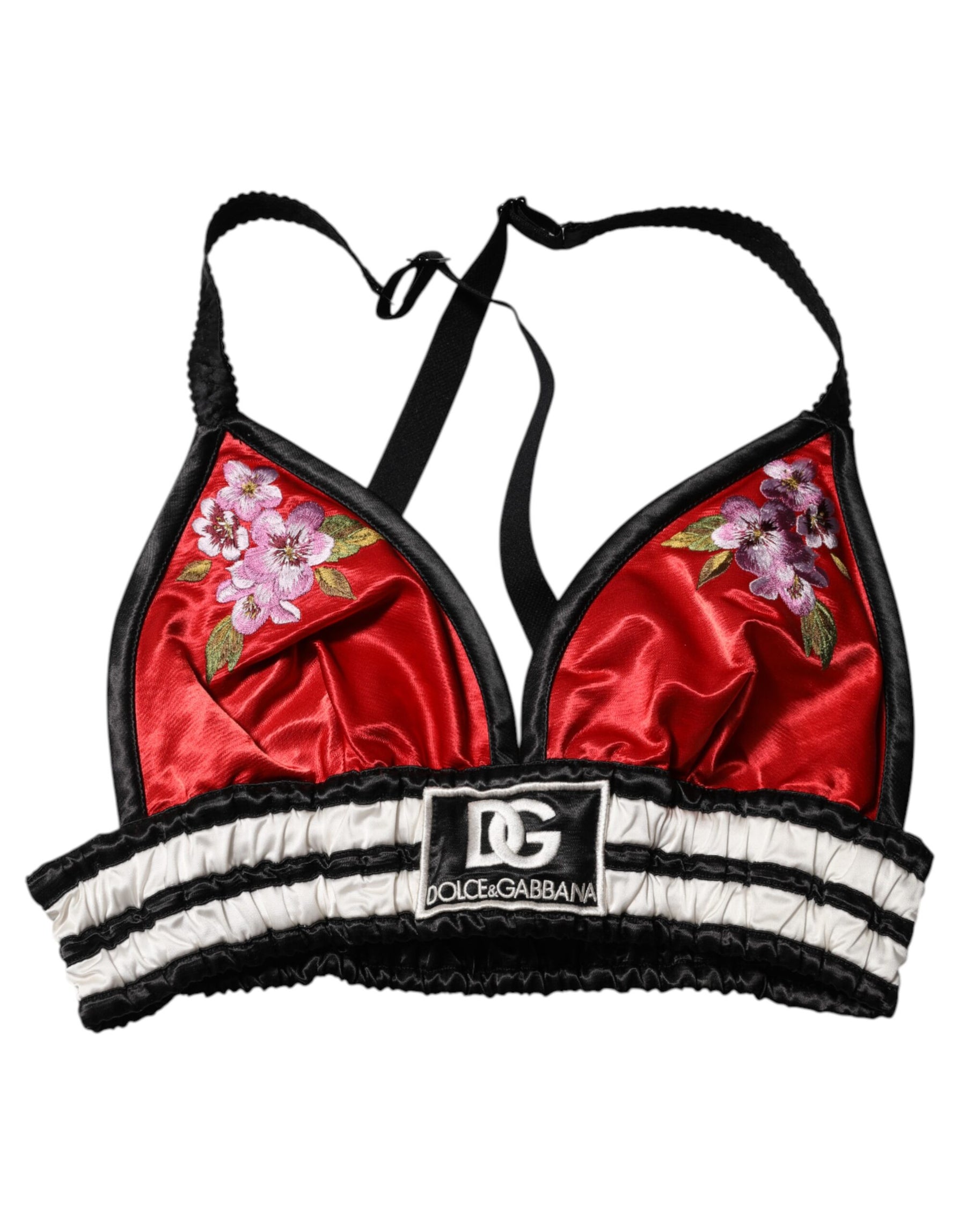 Dolce & Gabbana Red Satin Floral Embroidered Bralette Crop Top | Regal Royce