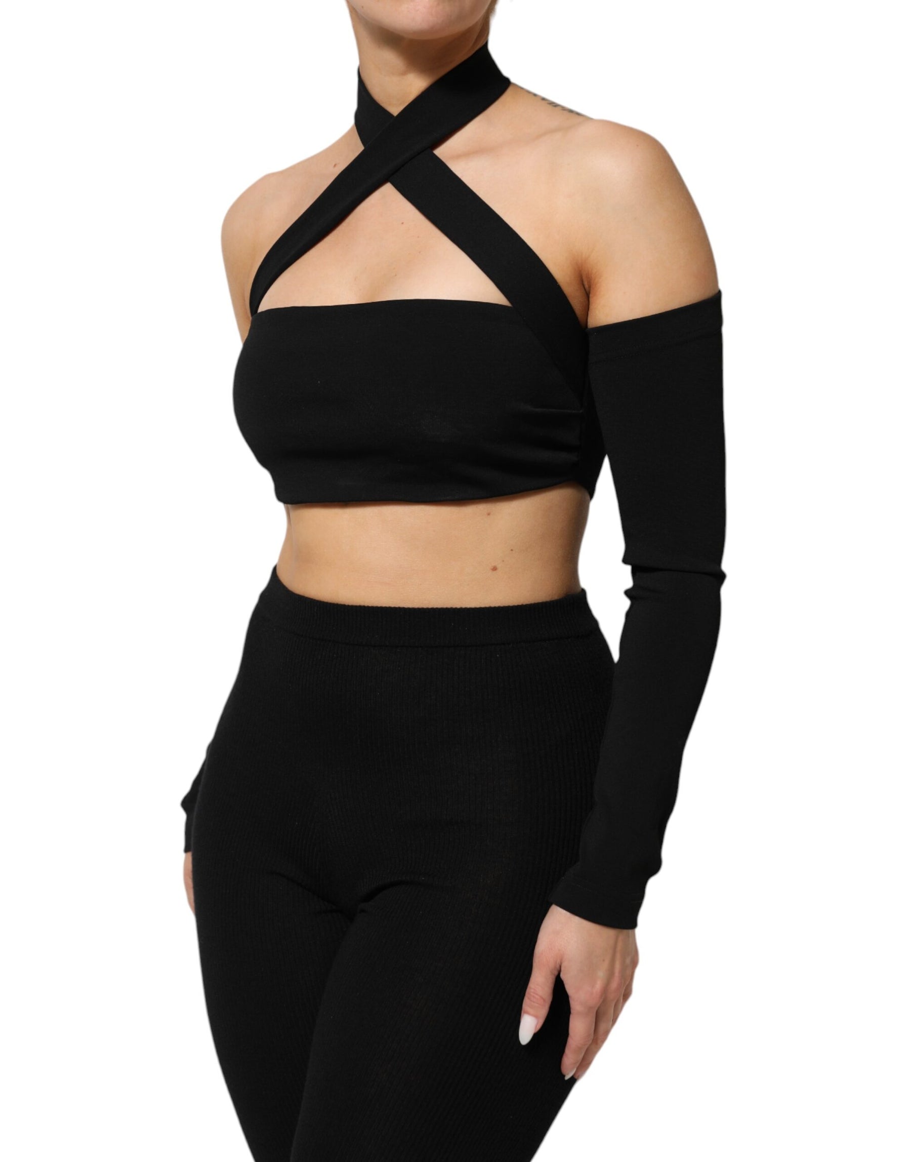 Dolce & Gabbana Black Viscose Halter Off Shoulder Cropped Top | Regal Royce