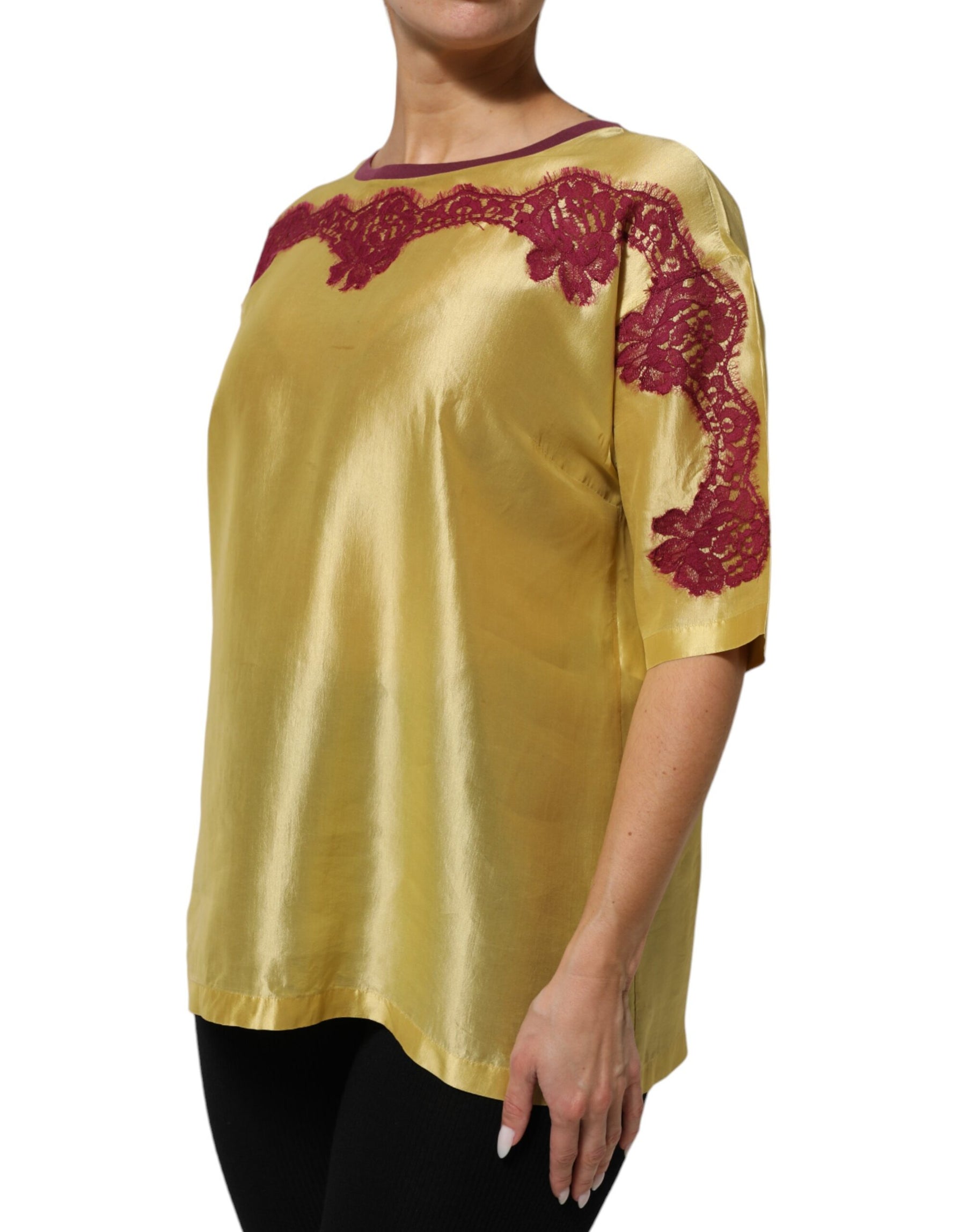 Dolce & Gabbana Yellow Silk Satin Floral Lace Short Sleeves Top | Regal Royce