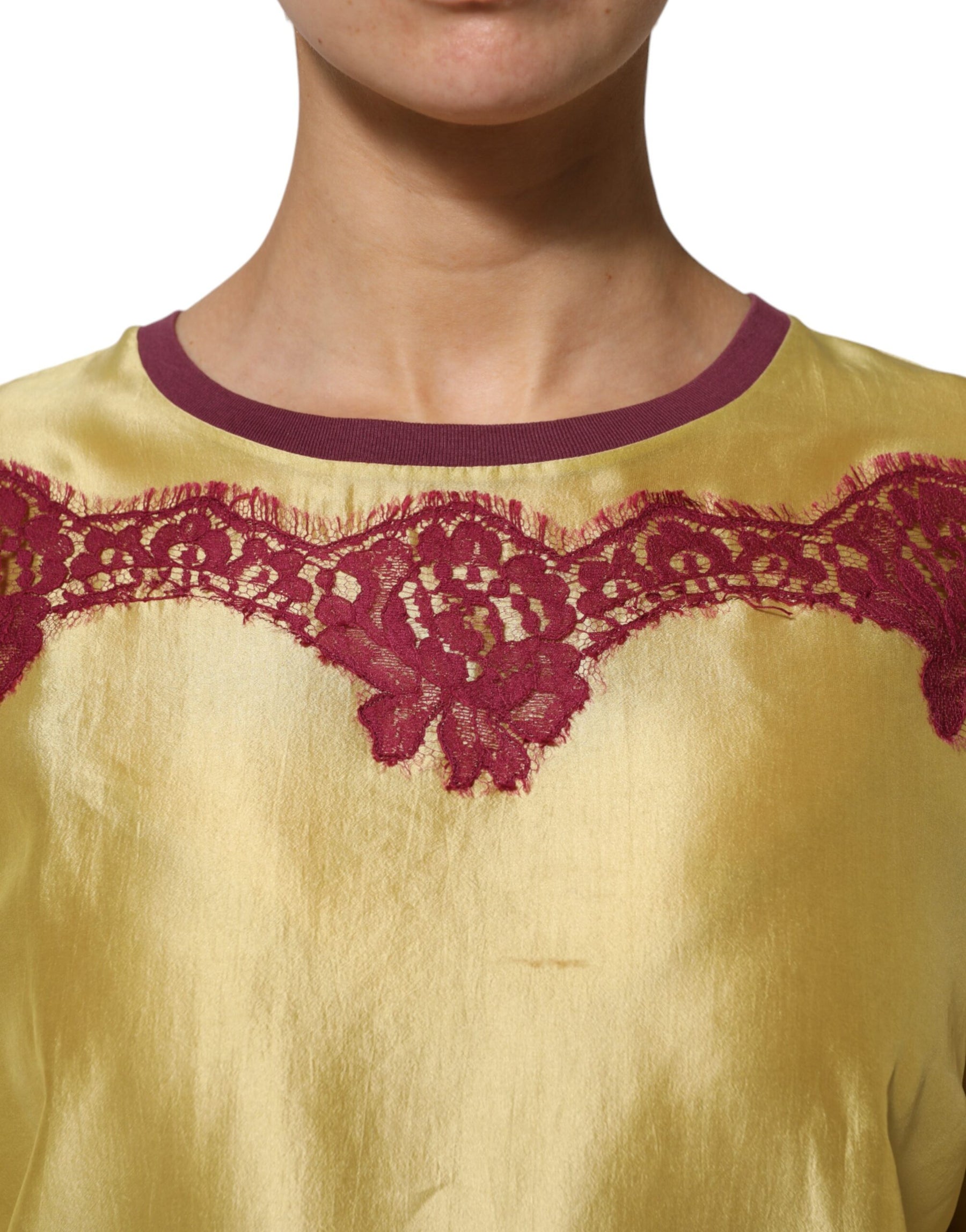 Dolce & Gabbana Yellow Silk Satin Floral Lace Short Sleeves Top | Regal Royce
