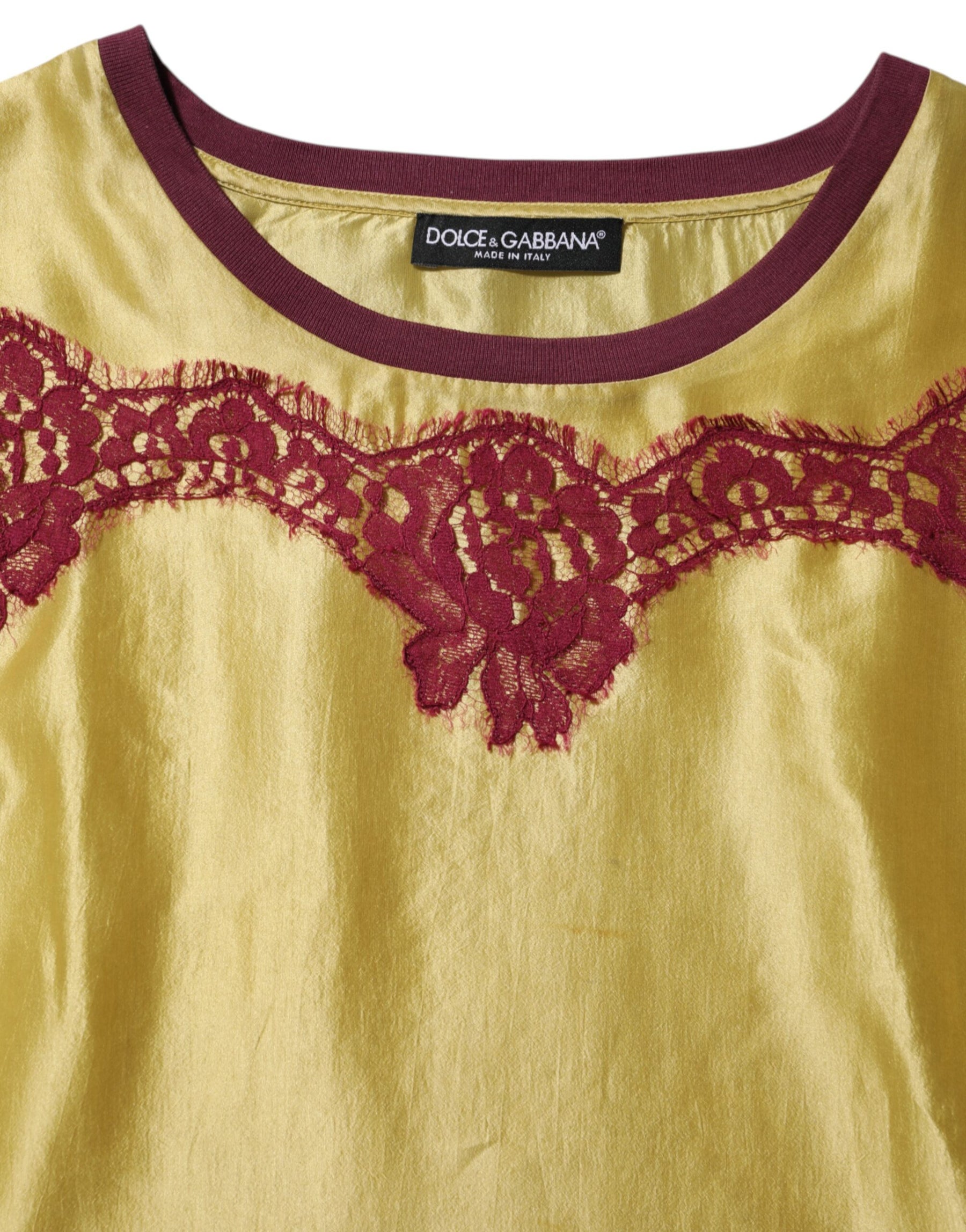 Dolce & Gabbana Yellow Silk Satin Floral Lace Short Sleeves Top | Regal Royce