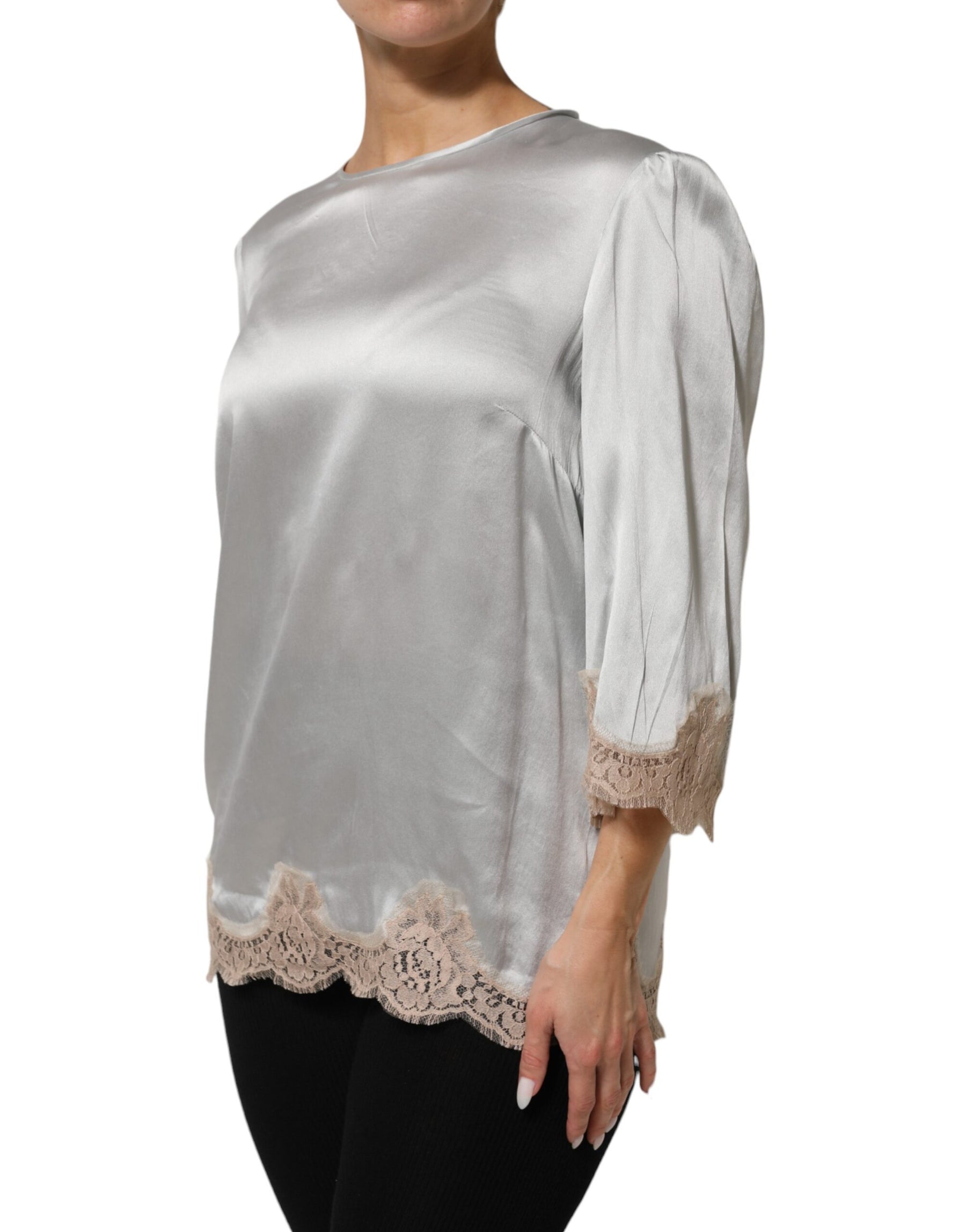Dolce & Gabbana Gray Silk Satin Floral Lace Long Sleeve Top | Regal Royce