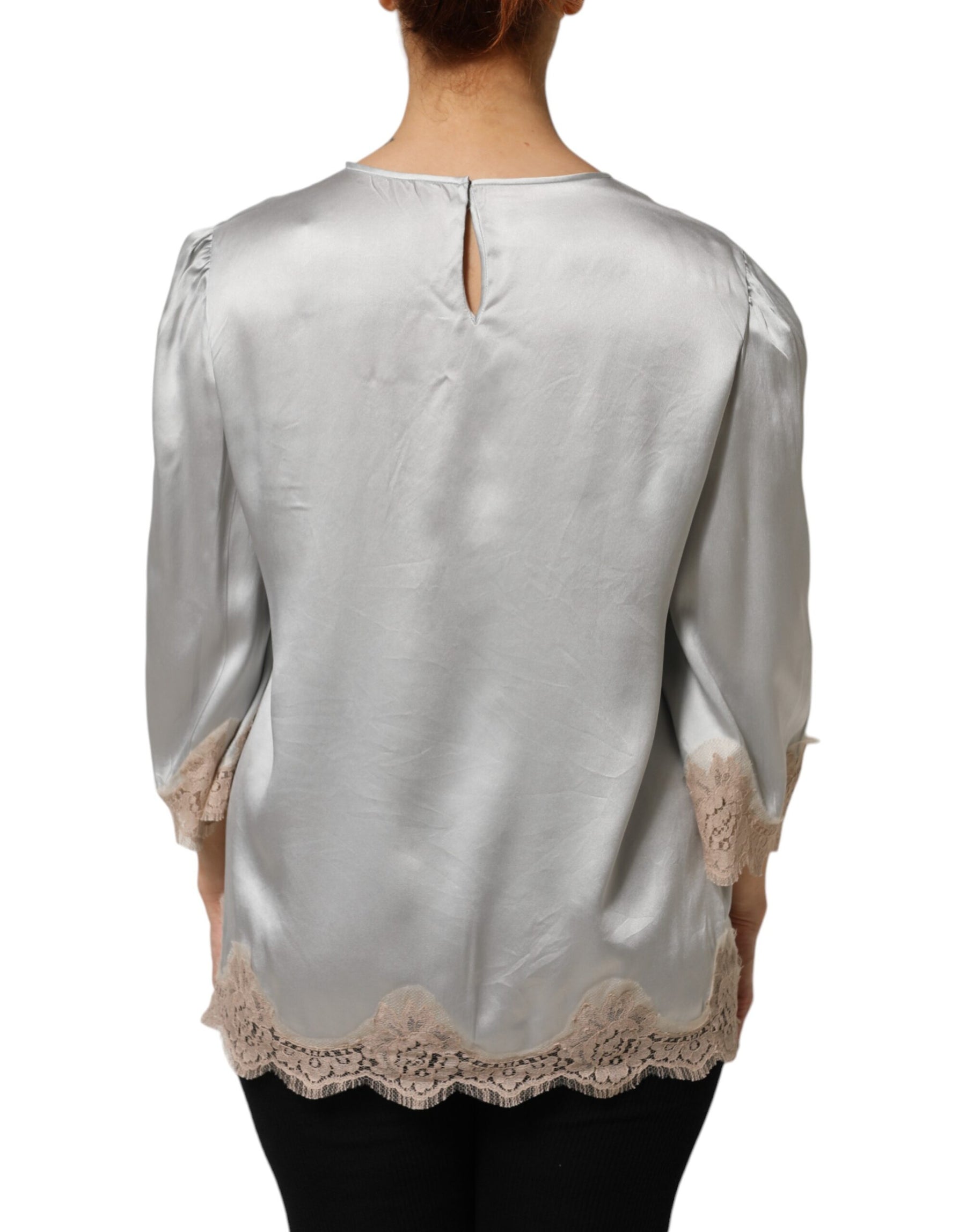Dolce & Gabbana Gray Silk Satin Floral Lace Long Sleeve Top | Regal Royce