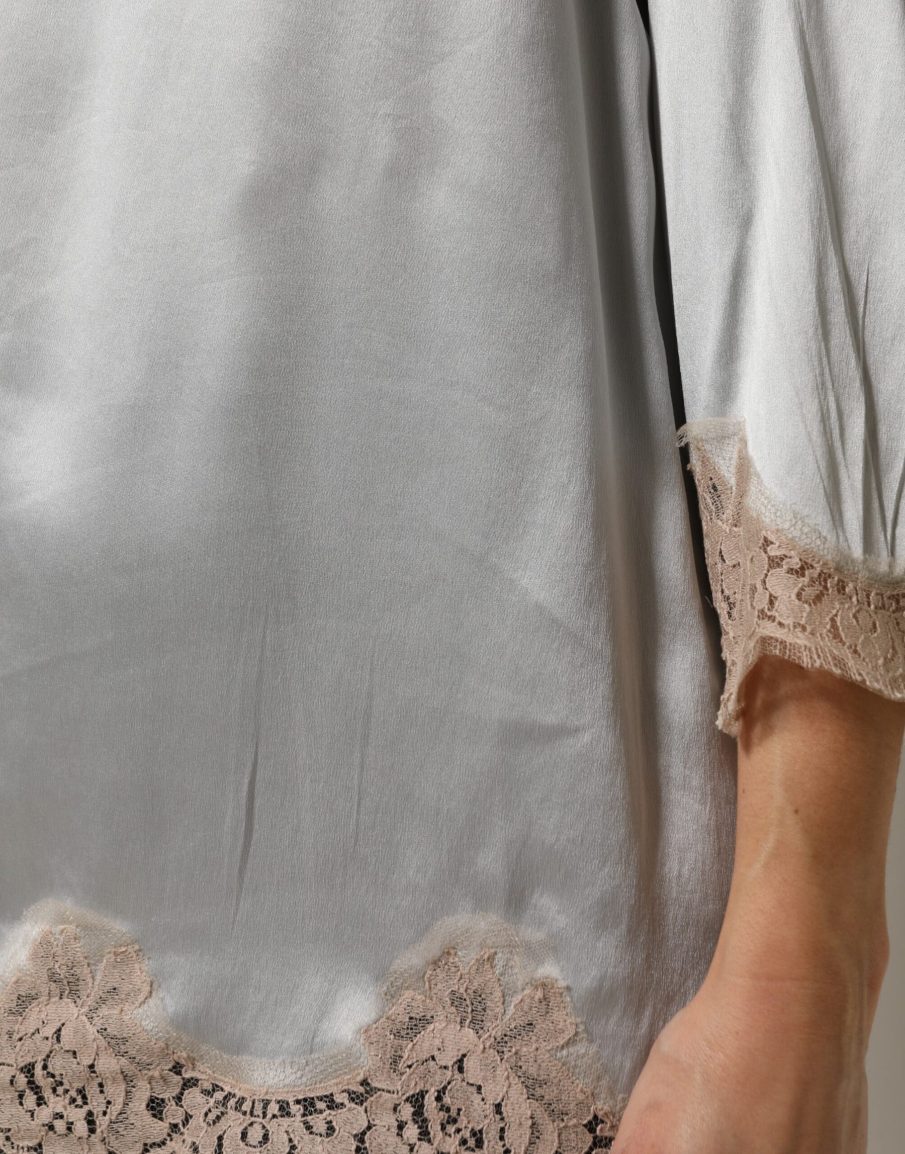 Dolce & Gabbana Gray Silk Satin Floral Lace Long Sleeve Top | Regal Royce