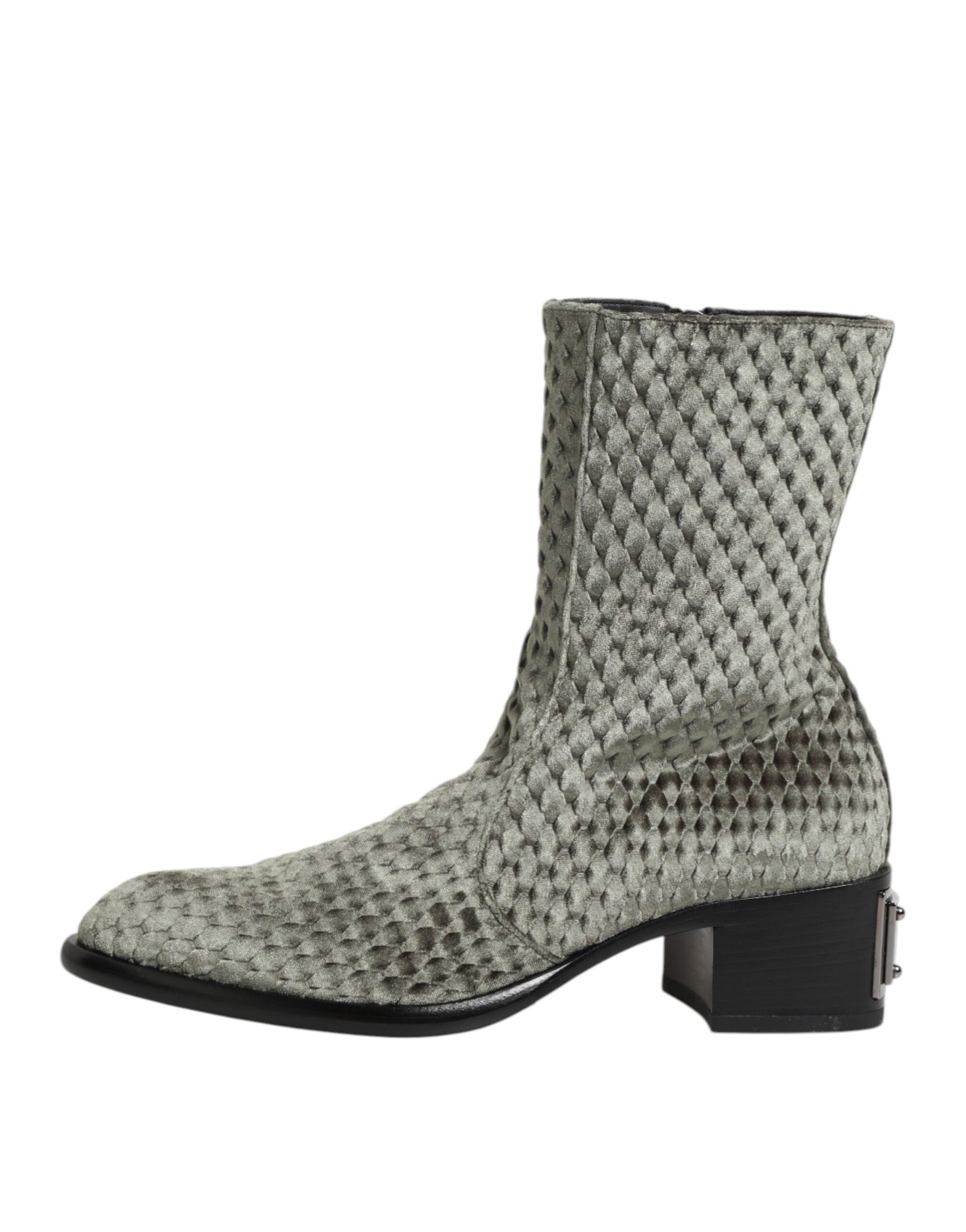 Dolce & Gabbana Gray Cotton Velvet Mid Calf Short Boots Shoes | Regal Royce