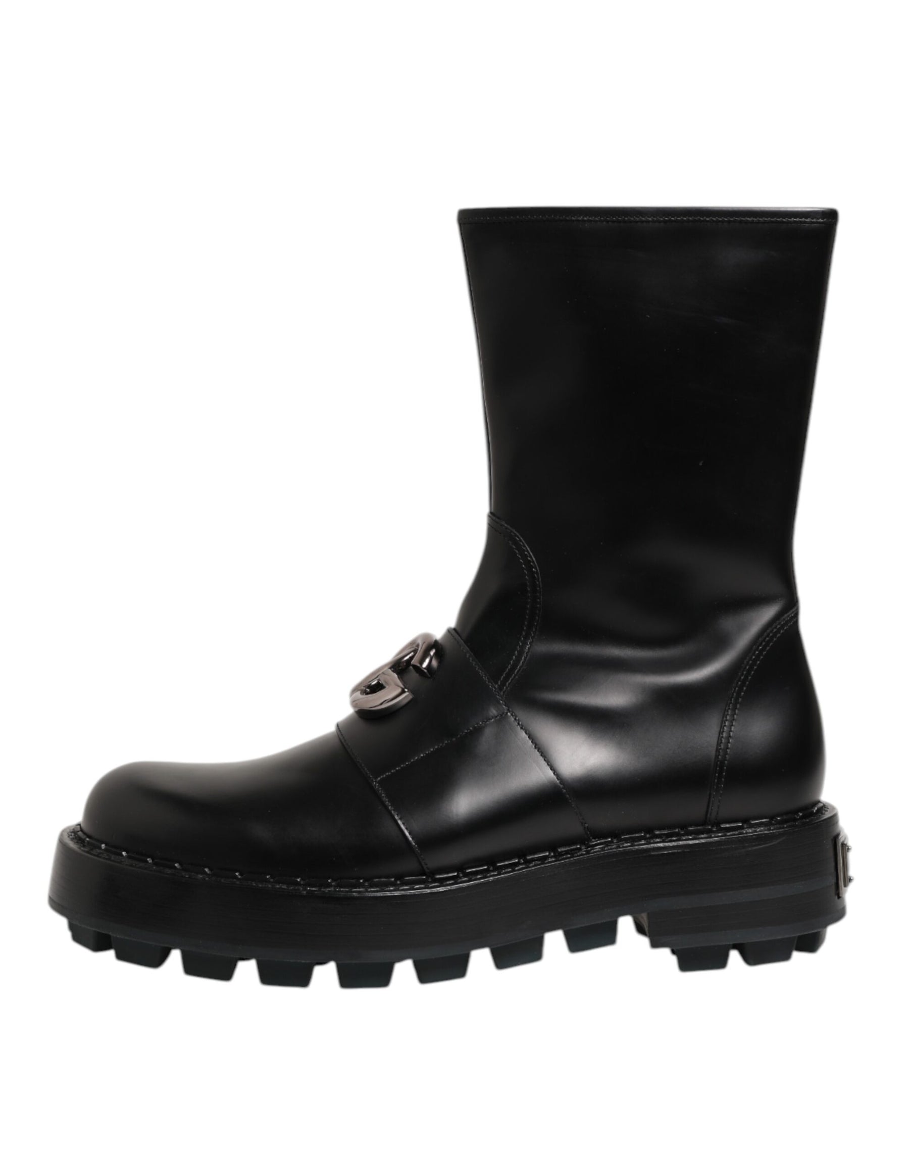 Dolce & Gabbana Black Logo Plaque Mid Calf Biker Boots Shoes | Regal Royce