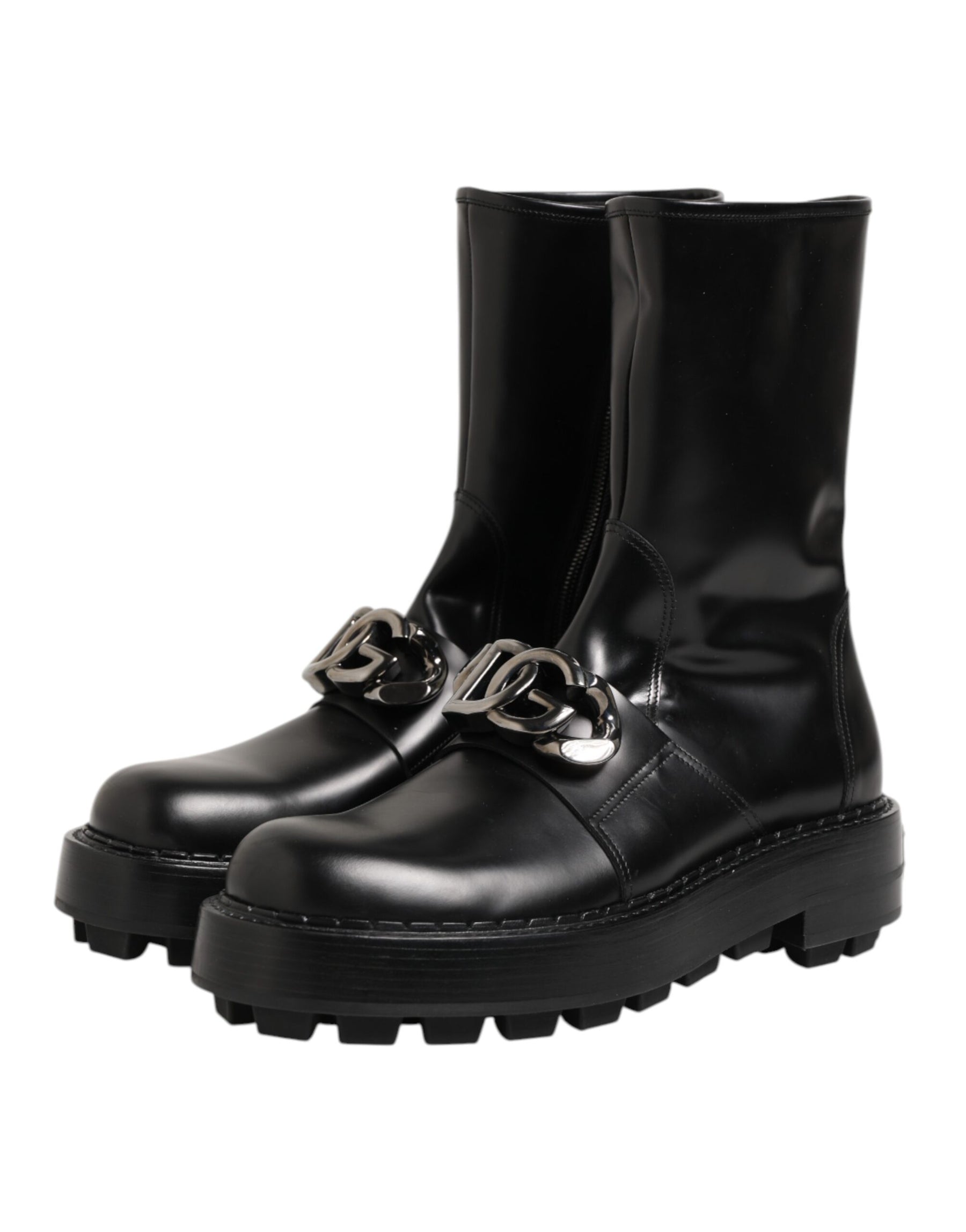 Dolce & Gabbana Black Logo Plaque Mid Calf Biker Boots Shoes | Regal Royce