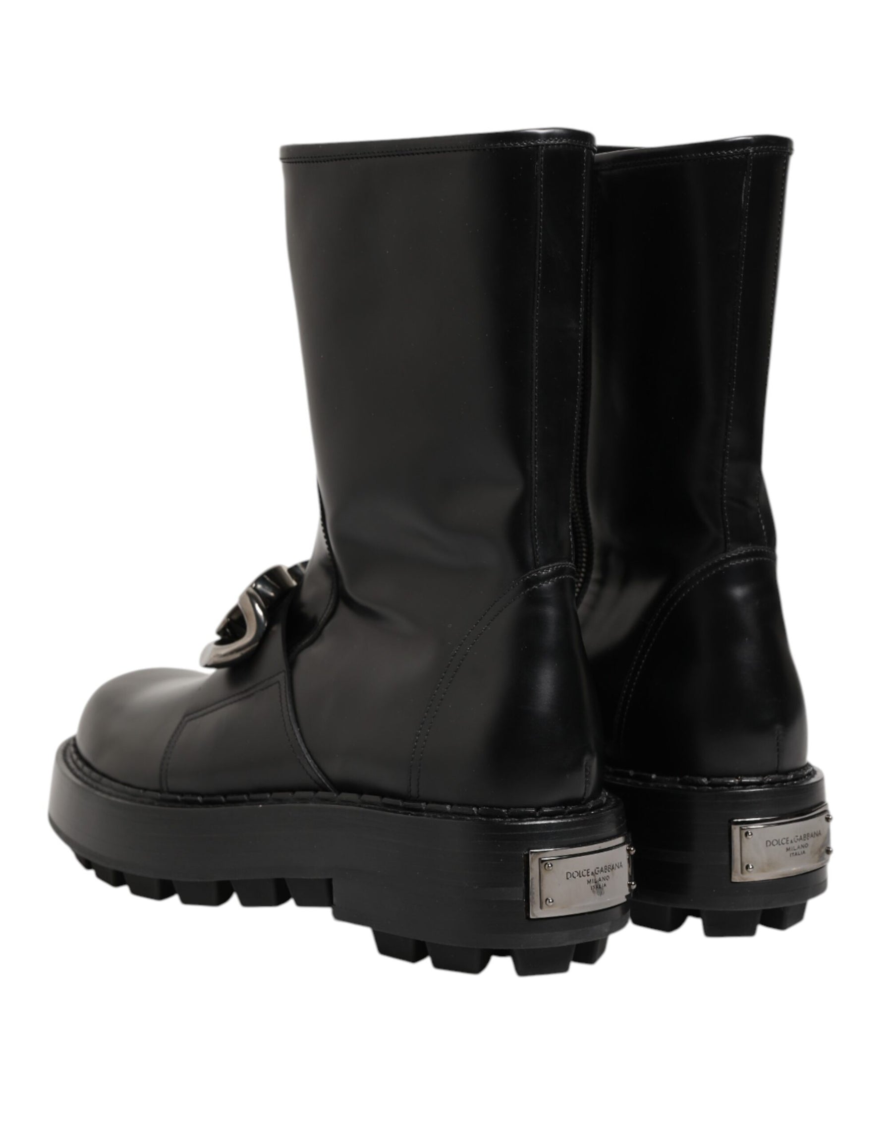 Dolce & Gabbana Black Logo Plaque Mid Calf Biker Boots Shoes | Regal Royce
