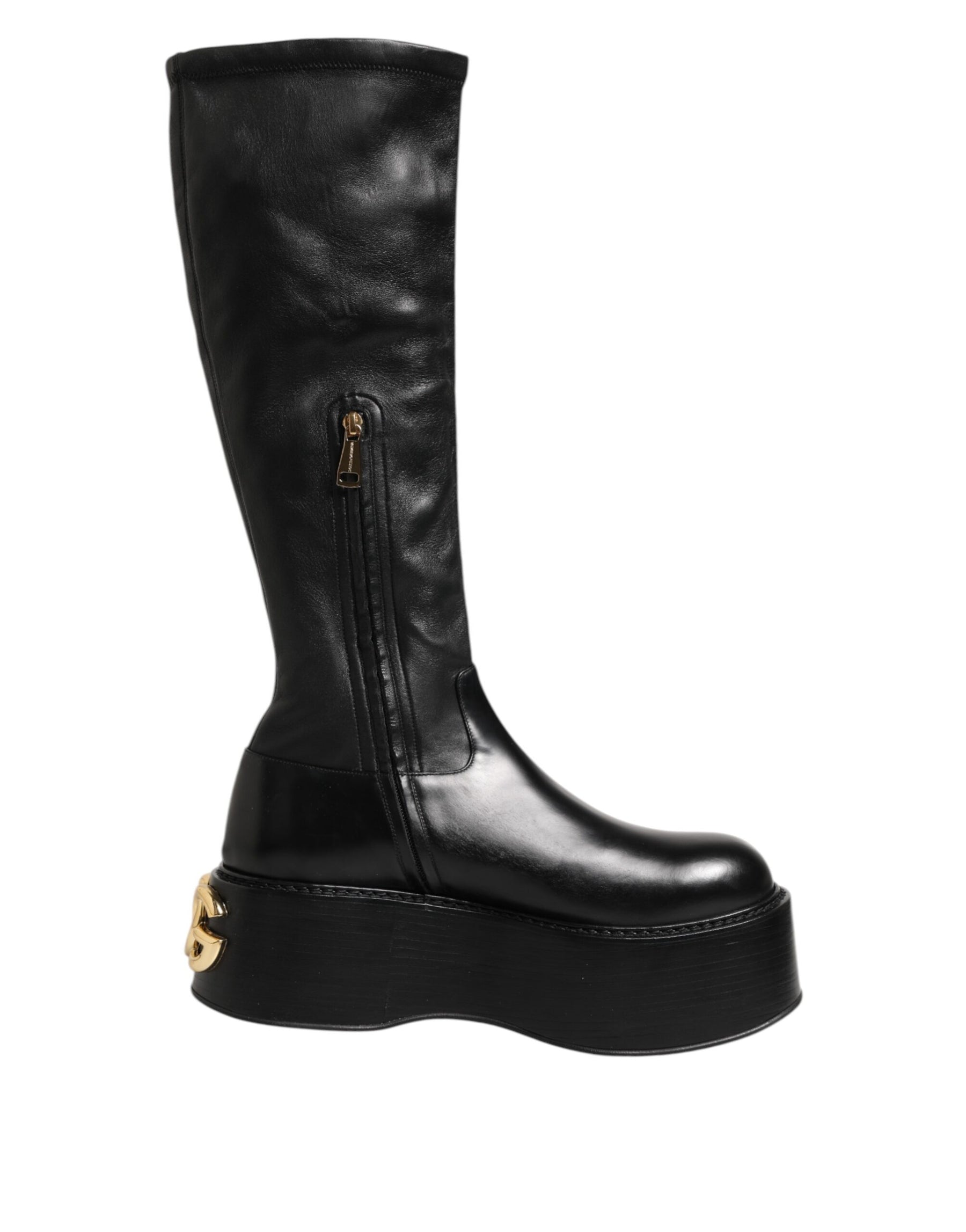 Dolce & Gabbana Black Logo Plaque Over The Calf Boots Shoes | Regal Royce