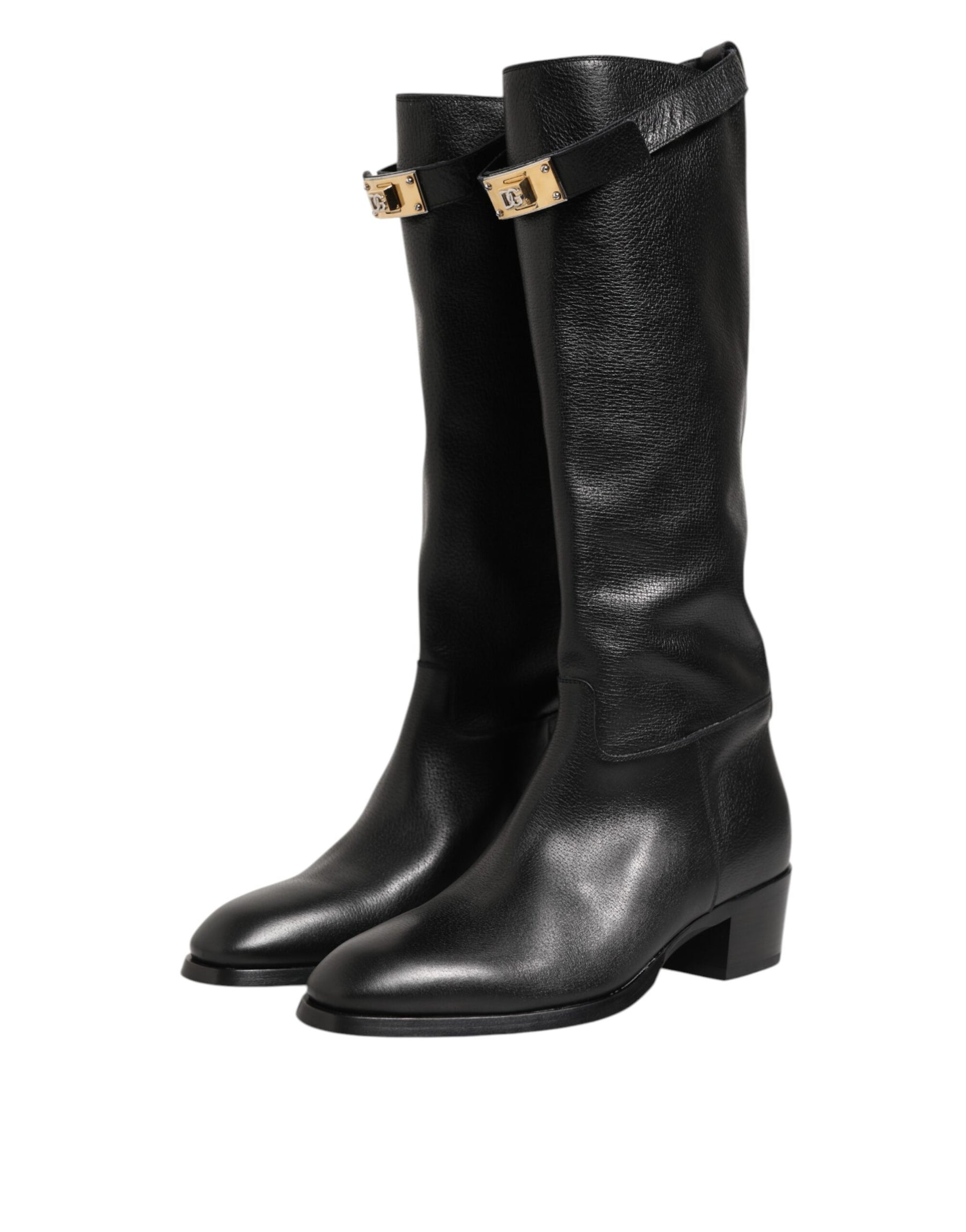 Dolce & Gabbana Black Logo Plaque Over The Calf Boots Shoes | Regal Royce