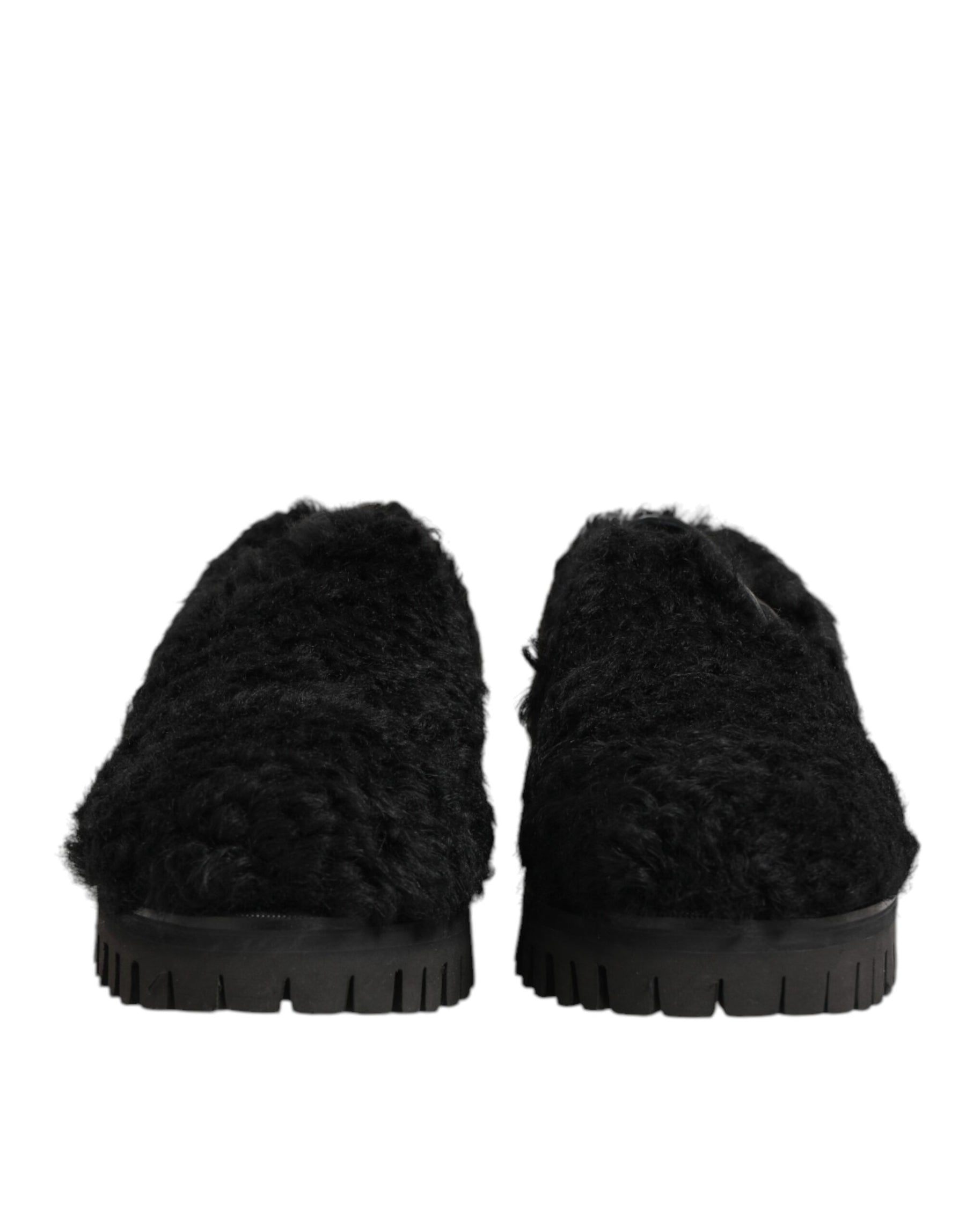 Dolce & Gabbana Dress Black Fur Leather Slippers Men Shoes | Regal Royce