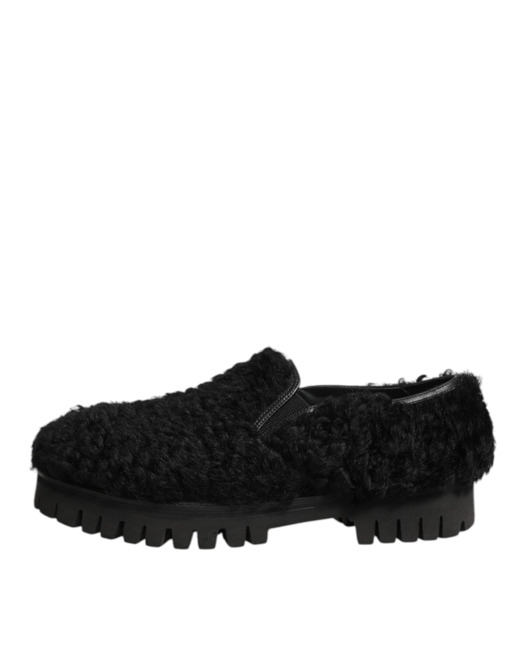 Dolce & Gabbana Dress Black Fur Leather Slippers Men Shoes | Regal Royce