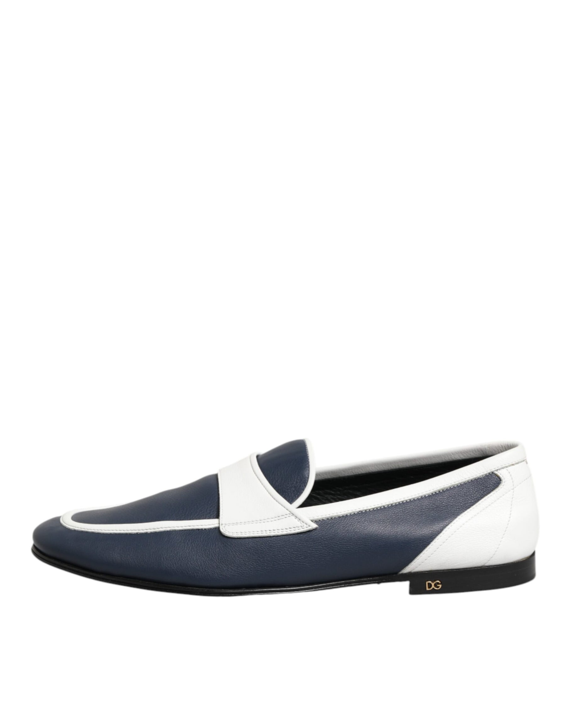 Dolce & Gabbana White Blue Leather Slip On Loafers Men Formal Shoes | Regal Royce